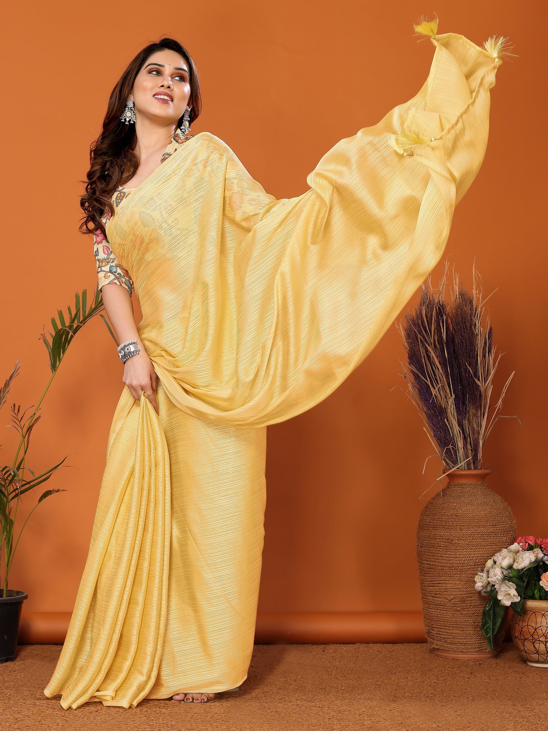 Sunshine Yellow Saree with Floral Multi-Color Blouse