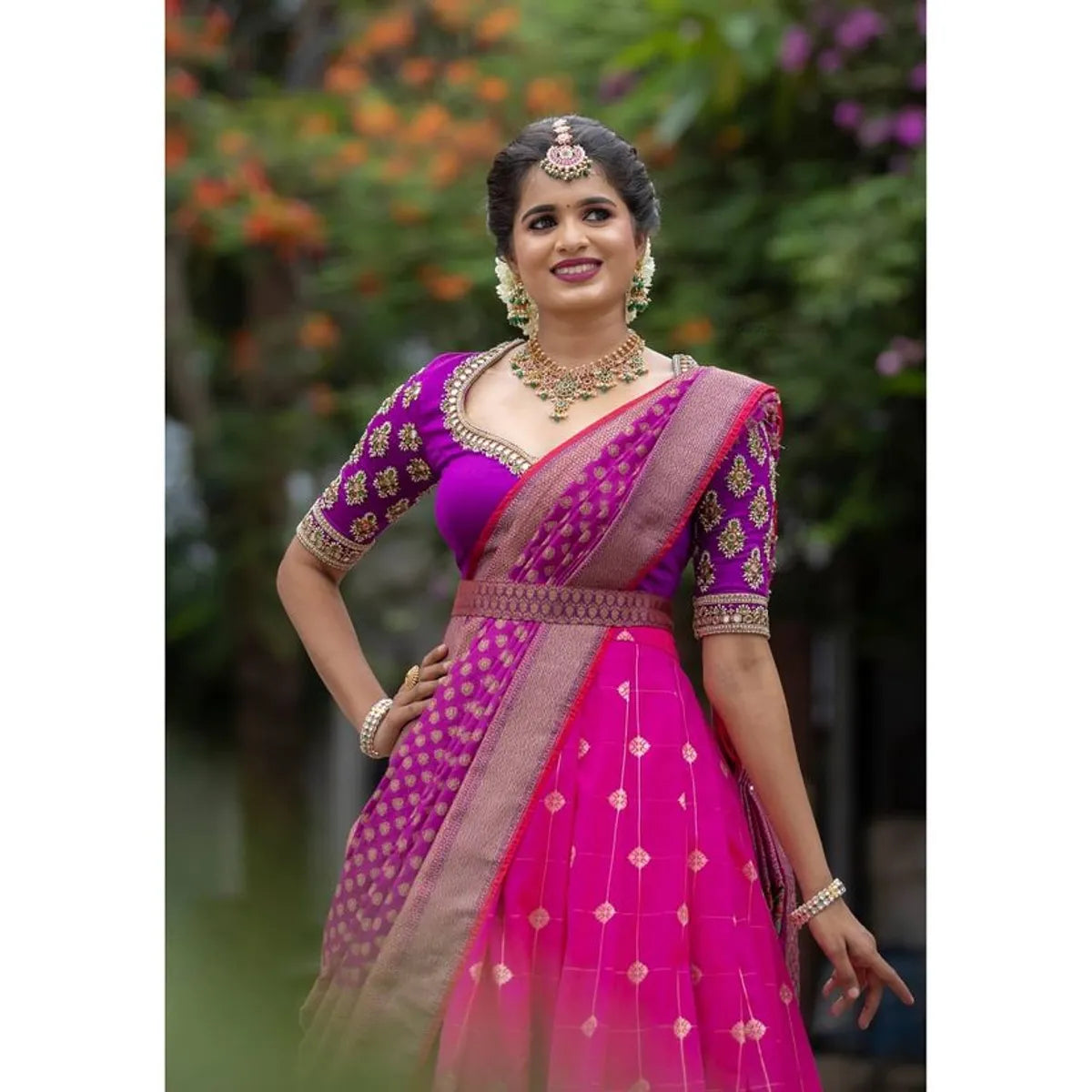 Pink Kanjivaram Silk Zari Lehanga With Blouse Along With Ban