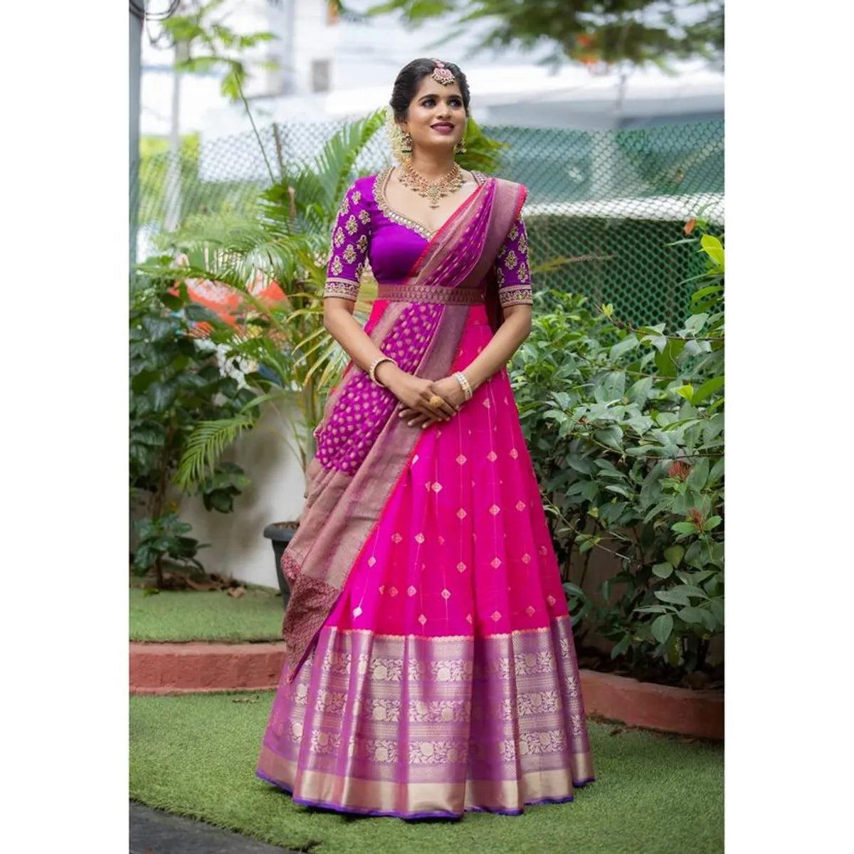 Pink Kanjivaram Silk Zari Lehanga With Blouse Along With Ban