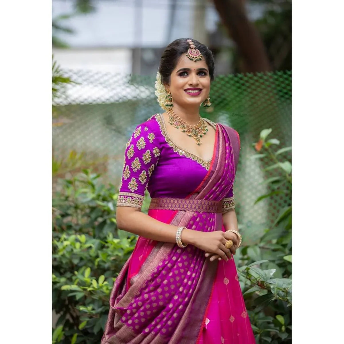 Pink Kanjivaram Silk Zari Lehanga With Blouse Along With Ban