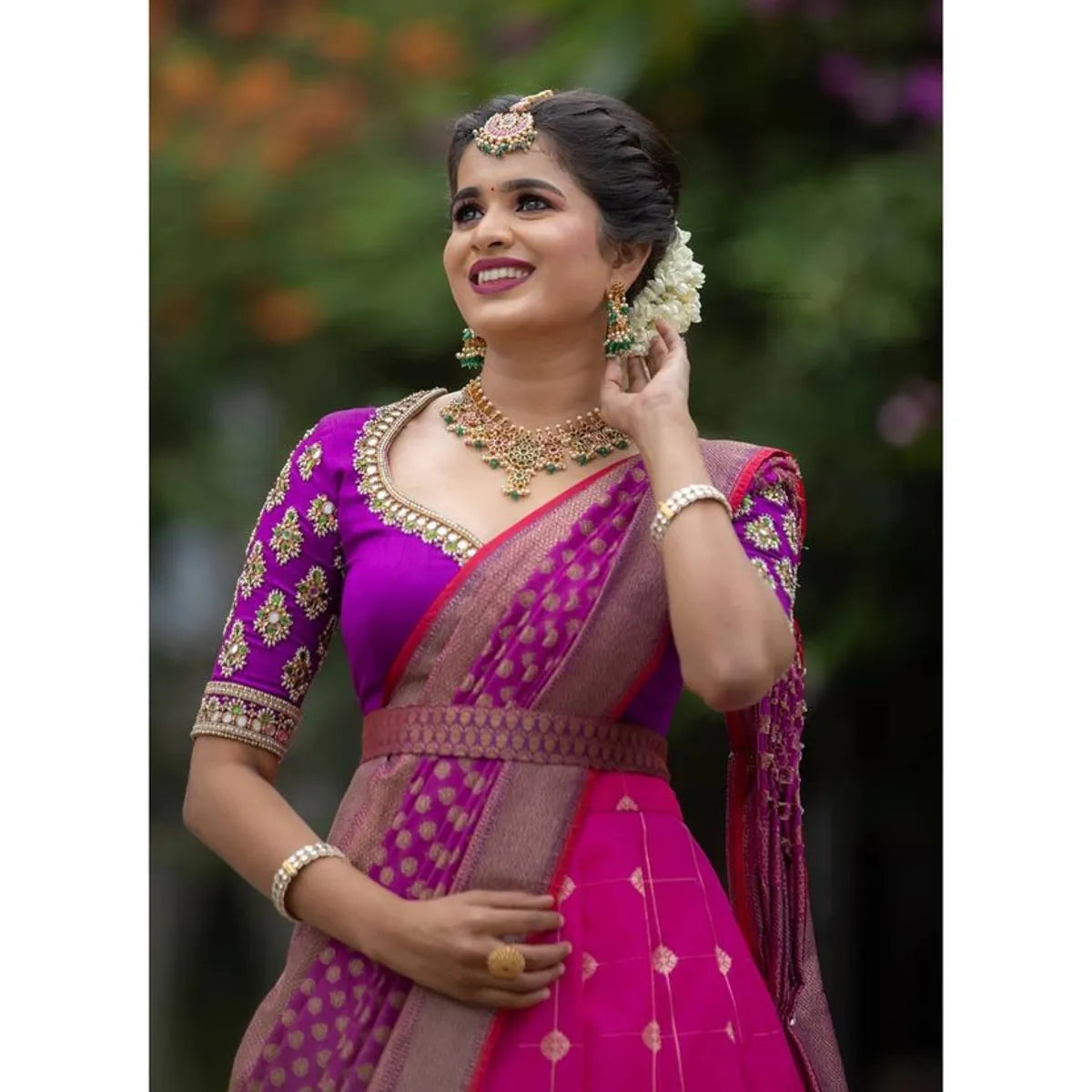 Pink Kanjivaram Silk Zari Lehanga With Blouse Along With Ban