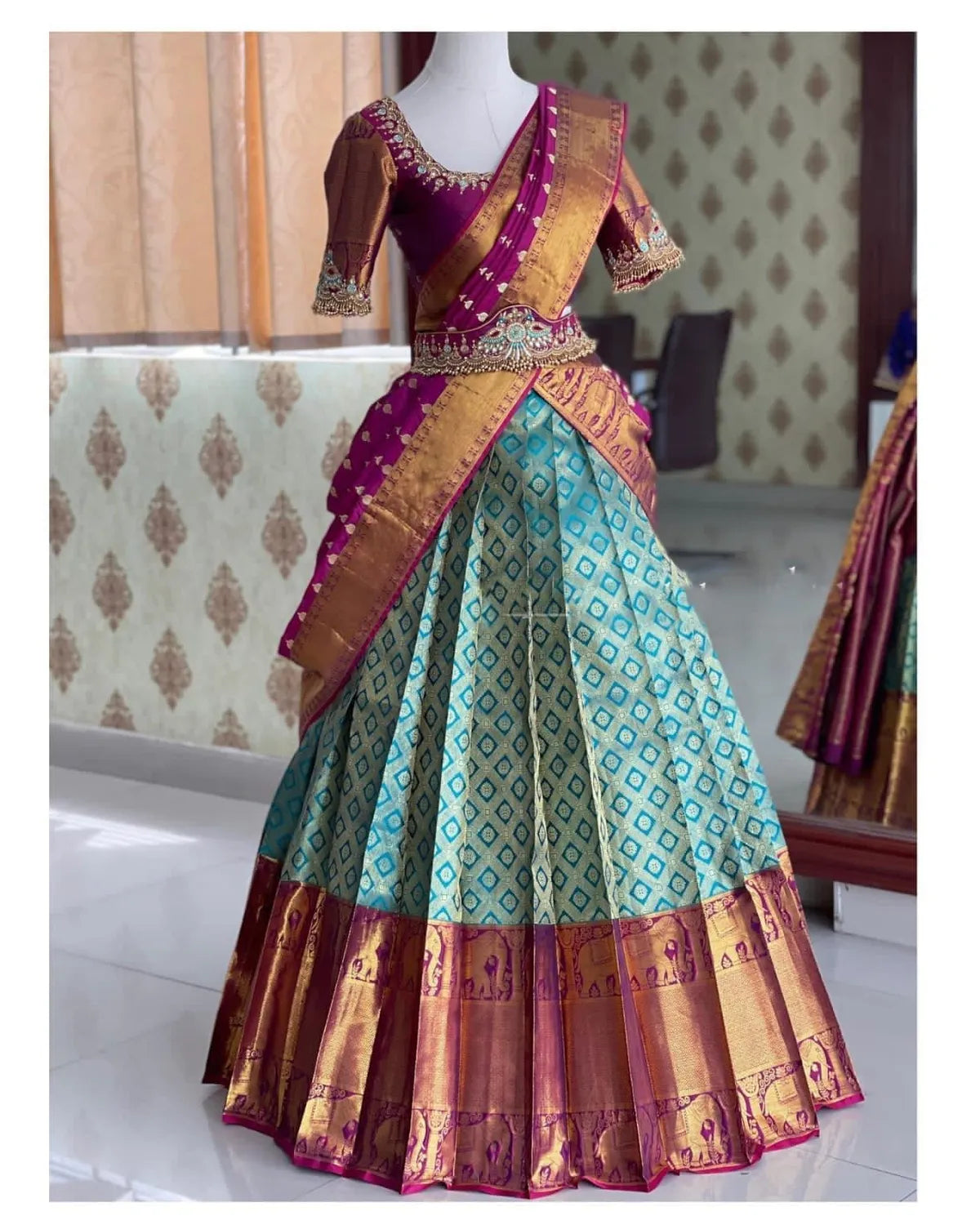 Bottel Green Kanjivaram Silk Zari Lehenga with Blouse Paired with a Luxurious Banarasi Silk Dupatta For Women