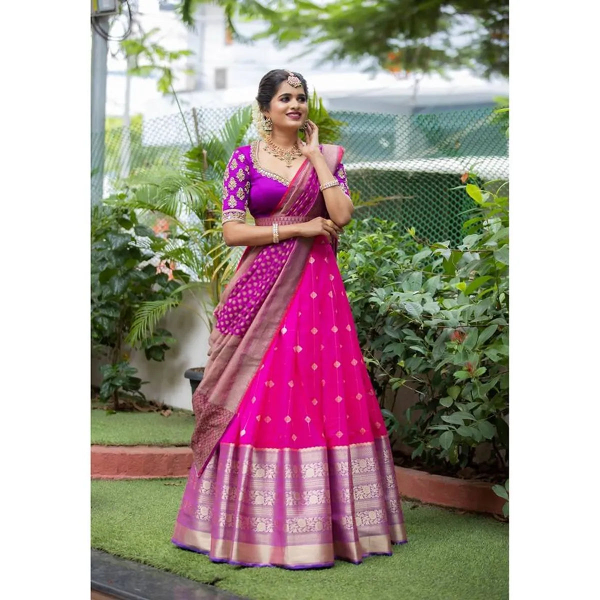 Pink Kanjivaram Silk Zari Lehanga With Blouse Along With Ban