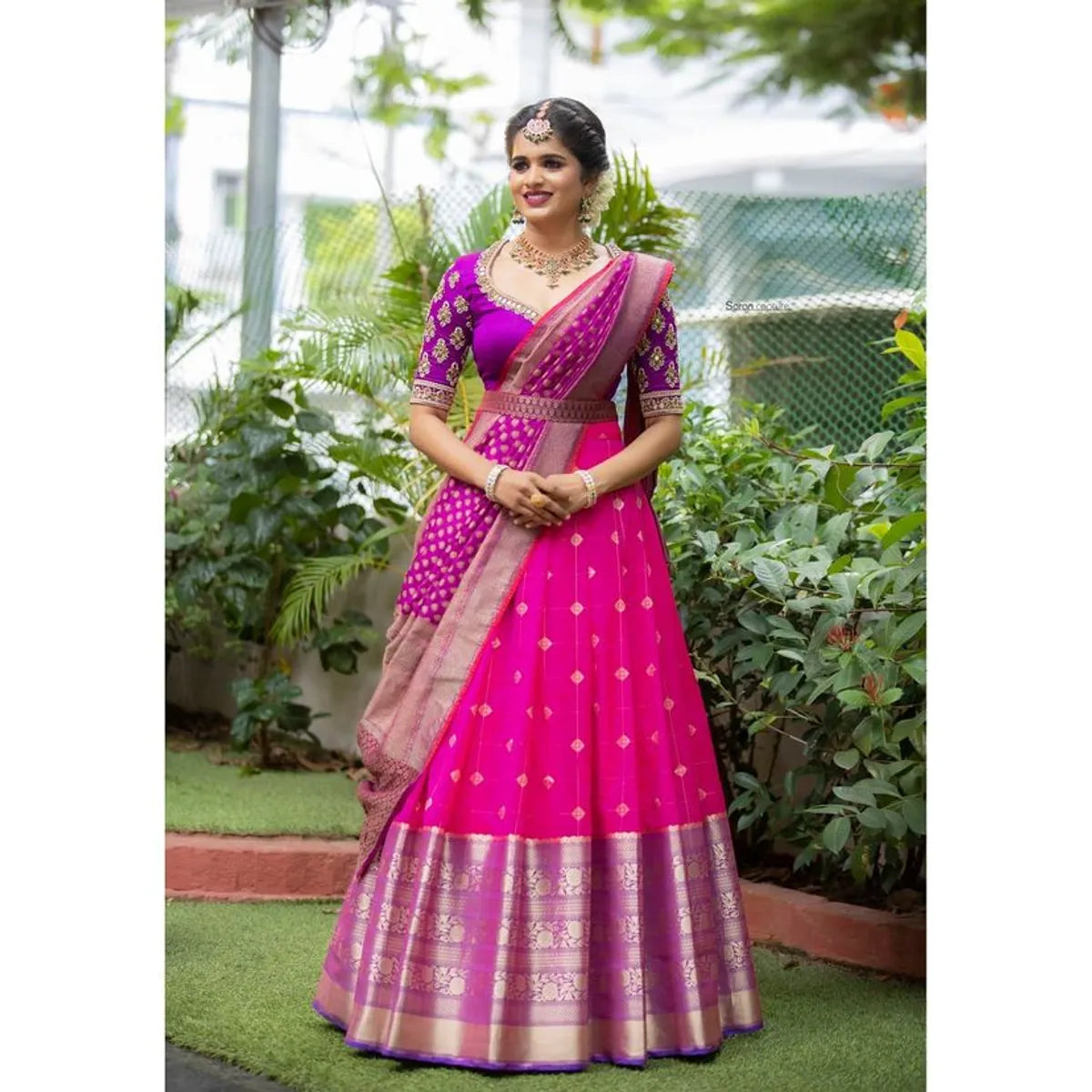 Pink Kanjivaram Silk Zari Lehanga With Blouse Along With Ban