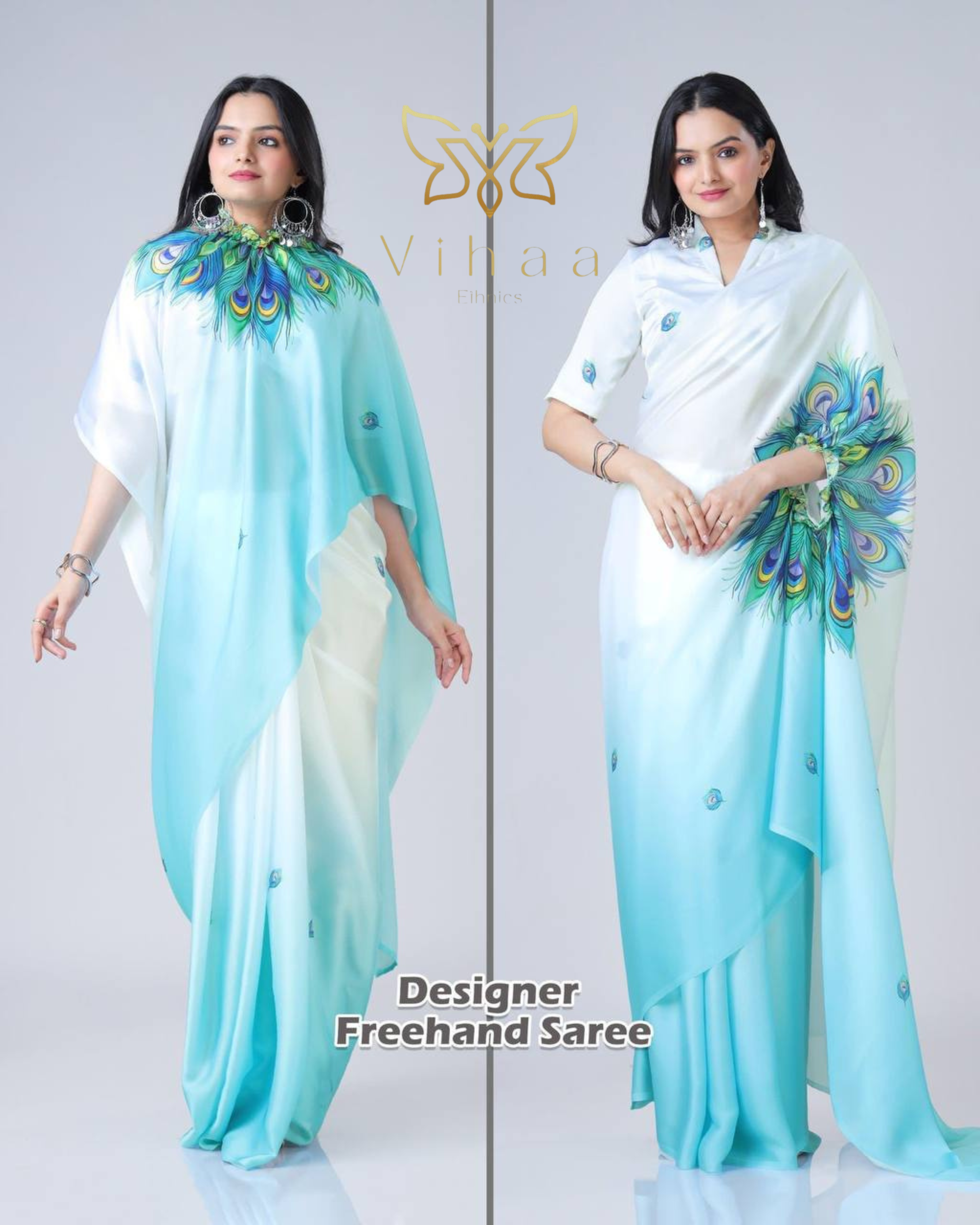 White & Aqua Blue Ombre Saree with Peacock Feather Art