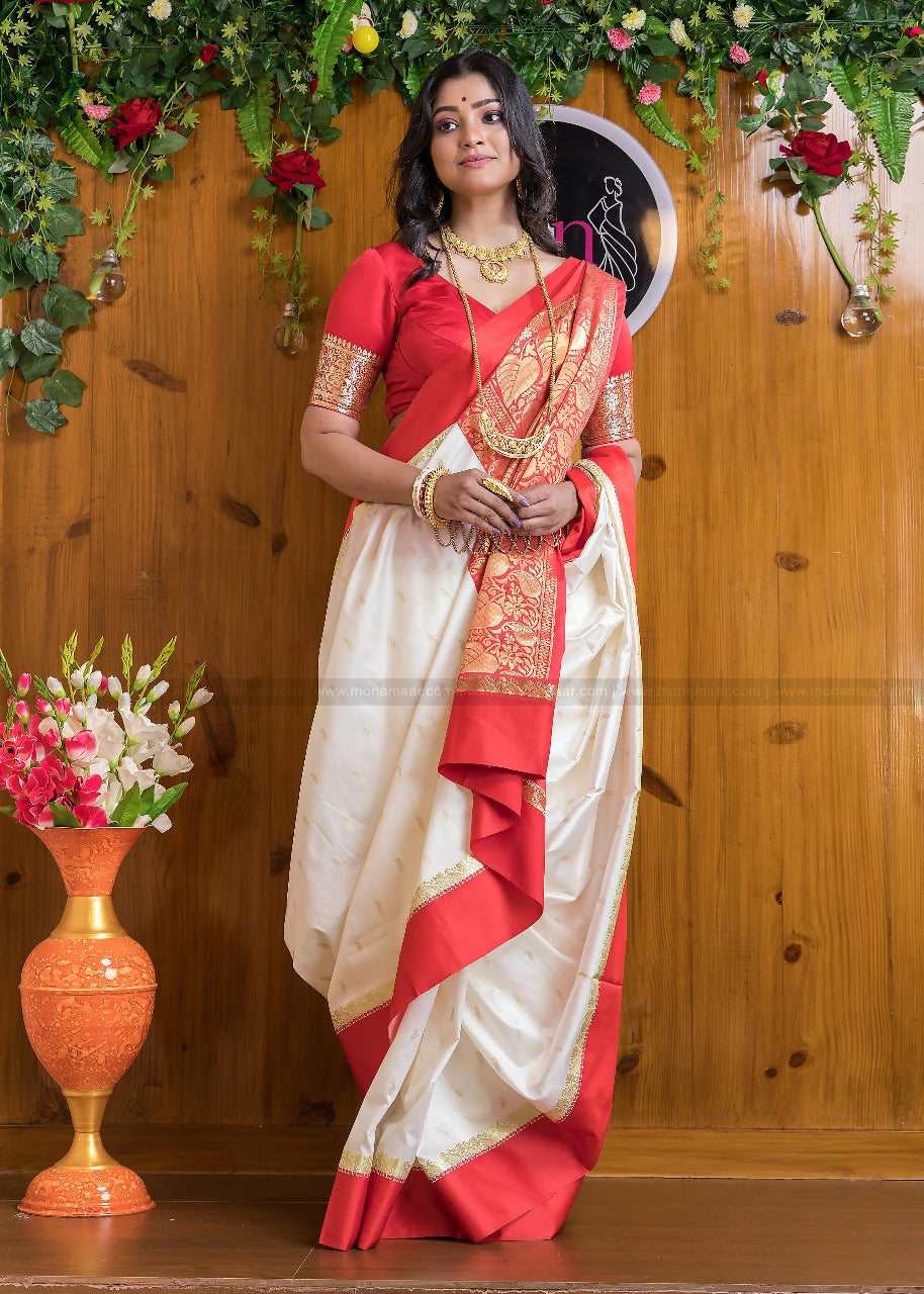 White Maroon Banarasi silk saree
