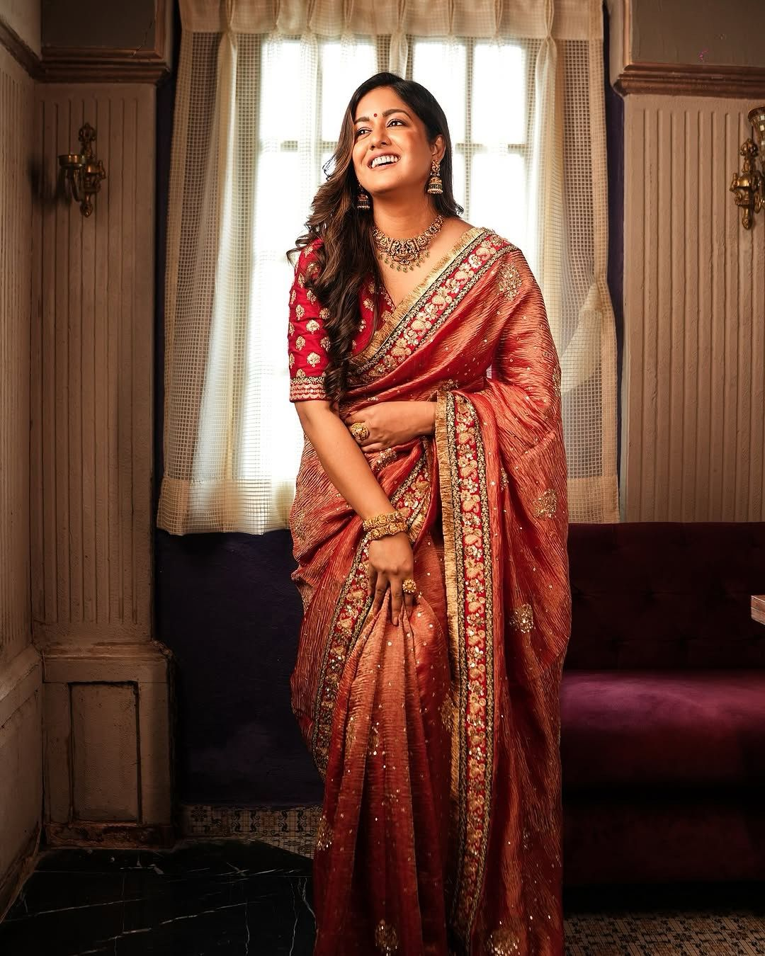 Copper Zari Embroidered Silk Saree with Rich Red Blouse