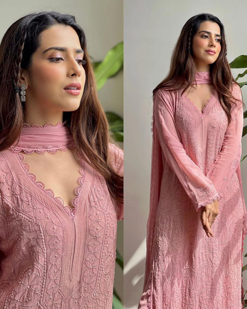 Pink Chikankari Embroidered Cotton Kurta Set for Women