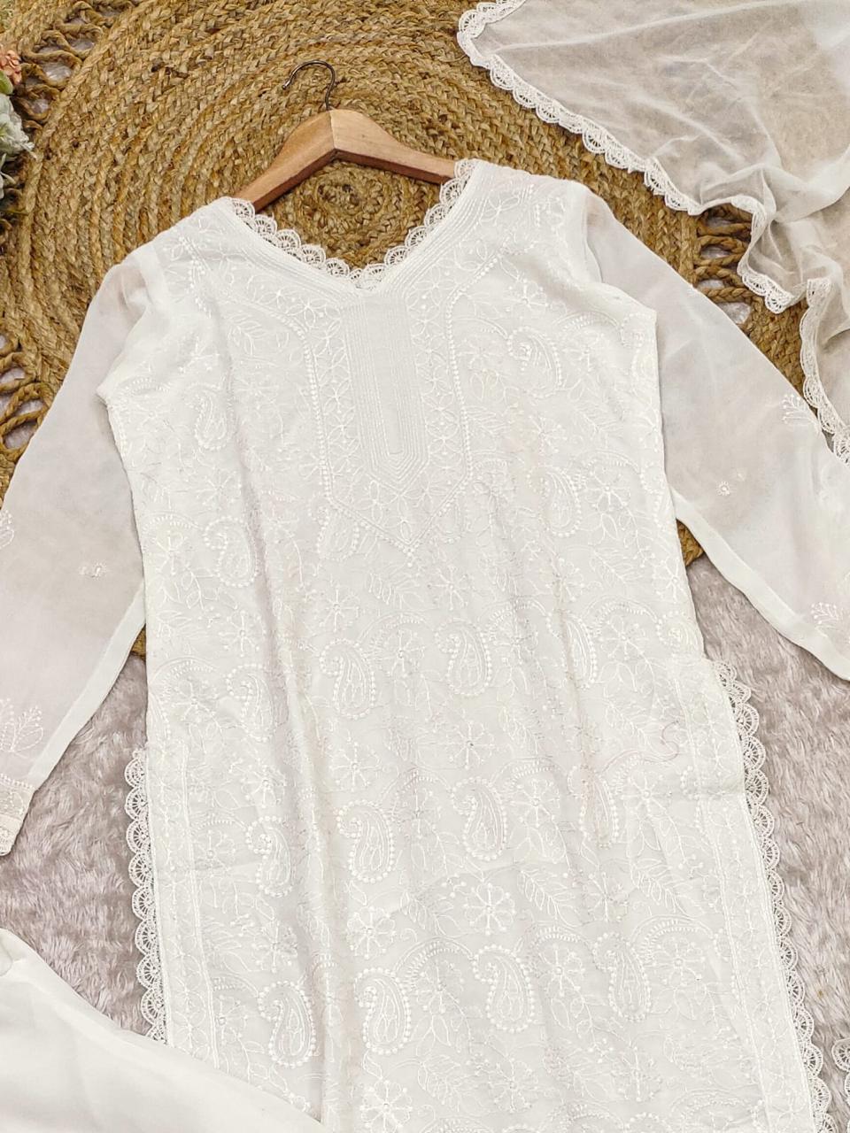 White Chikankari Embroidered Cotton Kurta Set for Women