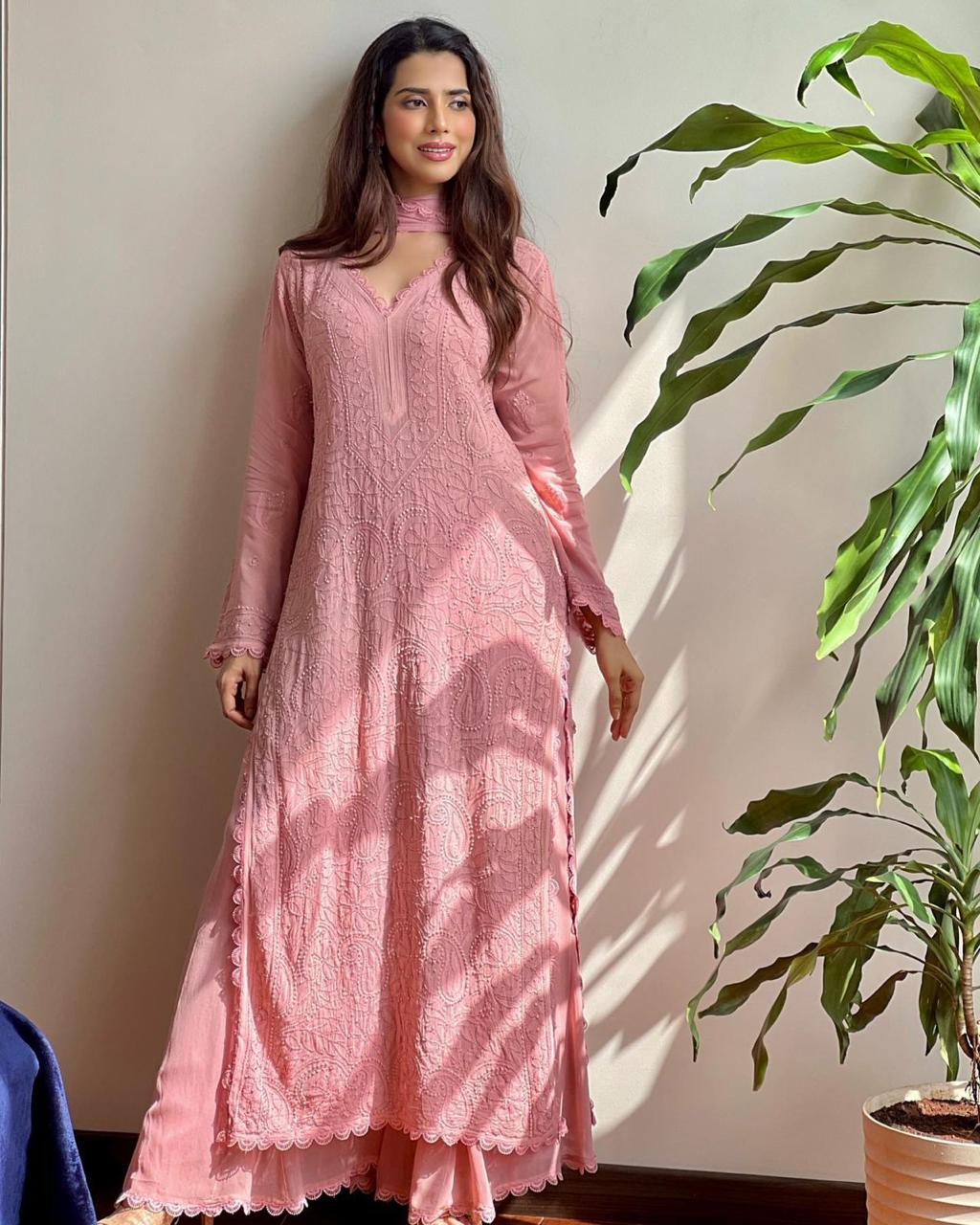 Pink Chikankari Embroidered Cotton Kurta Set for Women