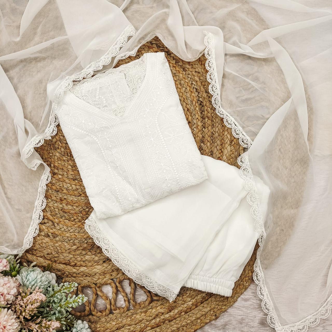 White Chikankari Embroidered Cotton Kurta Set for Women