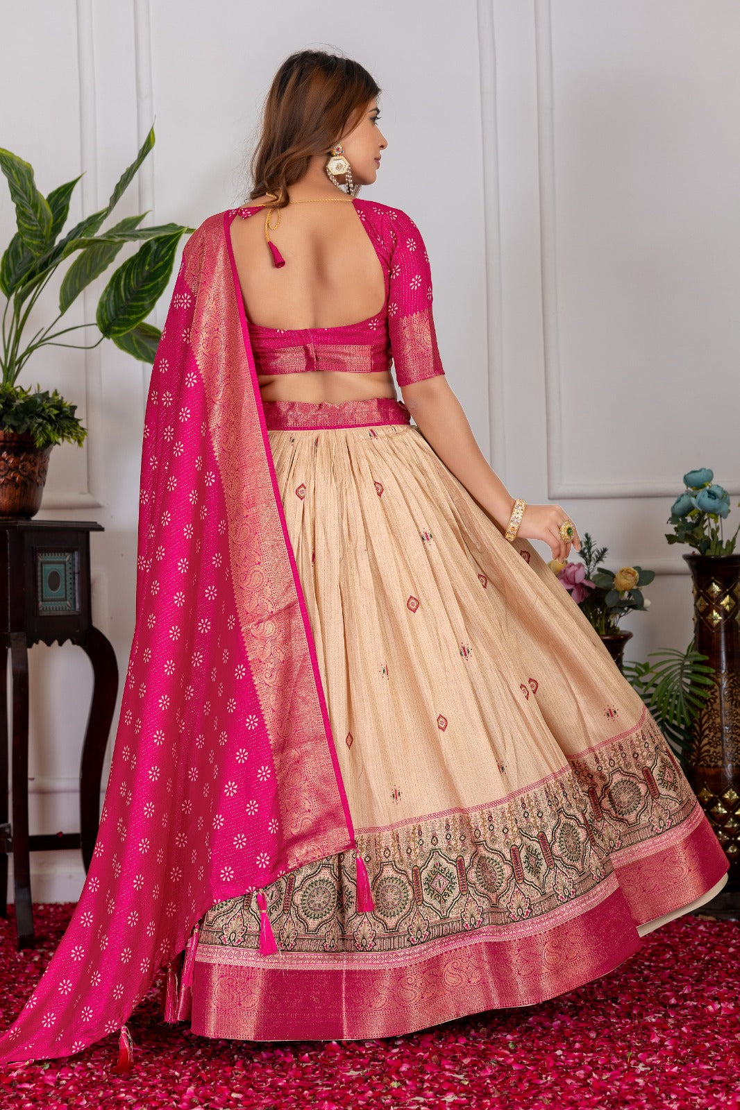 Pink & Beige Lehenga Choli Set with Zari Weave Dupatta – Traditional Wear