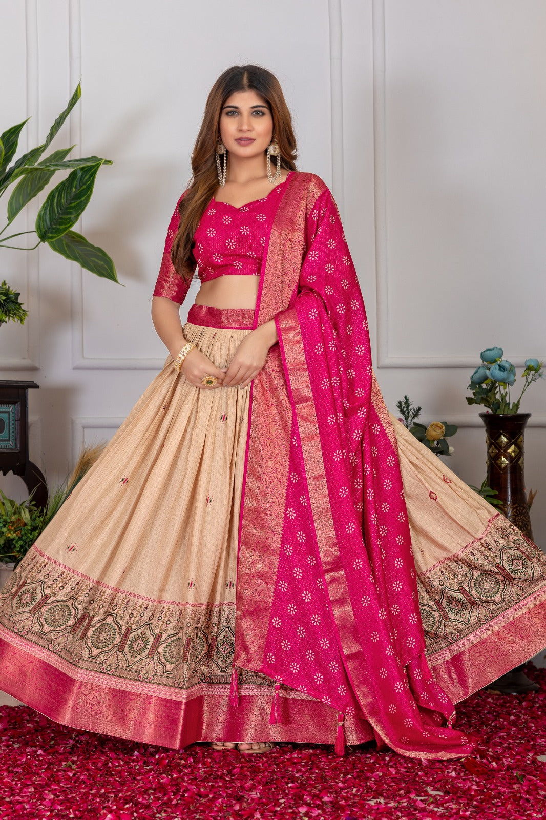 Pink & Beige Lehenga Choli Set with Zari Weave Dupatta – Traditional Wear