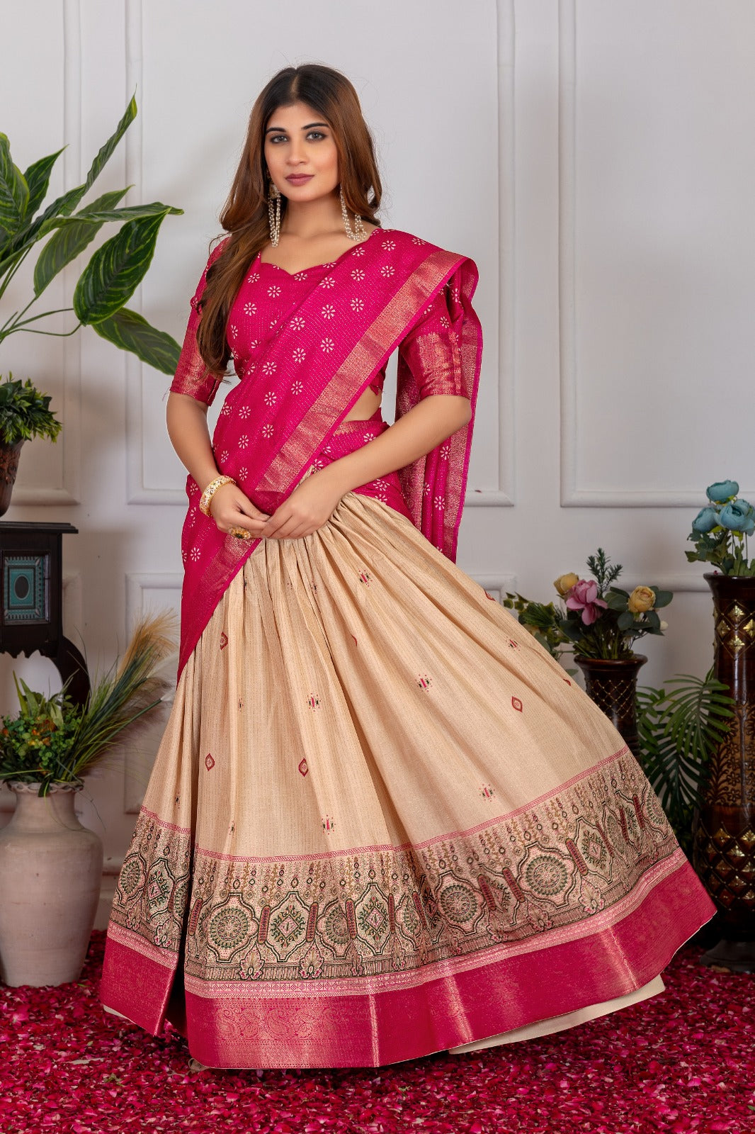 Pink & Beige Lehenga Choli Set with Zari Weave Dupatta – Traditional Wear