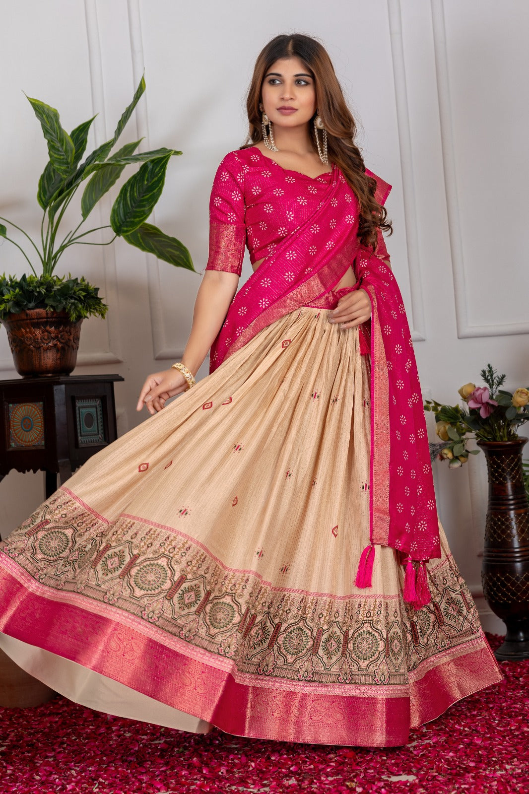 Pink & Beige Lehenga Choli Set with Zari Weave Dupatta – Traditional Wear