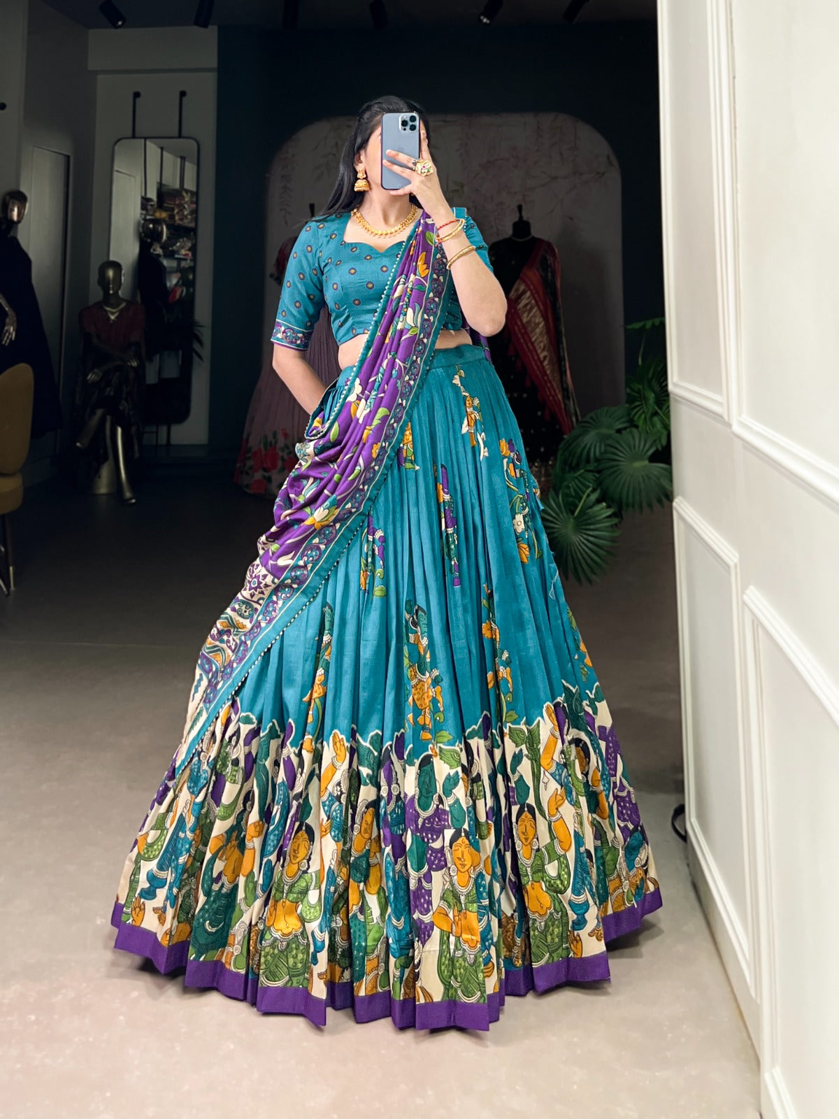 Blue Hand-Painted Lehenga Choli Set with Multicolor Dupatta