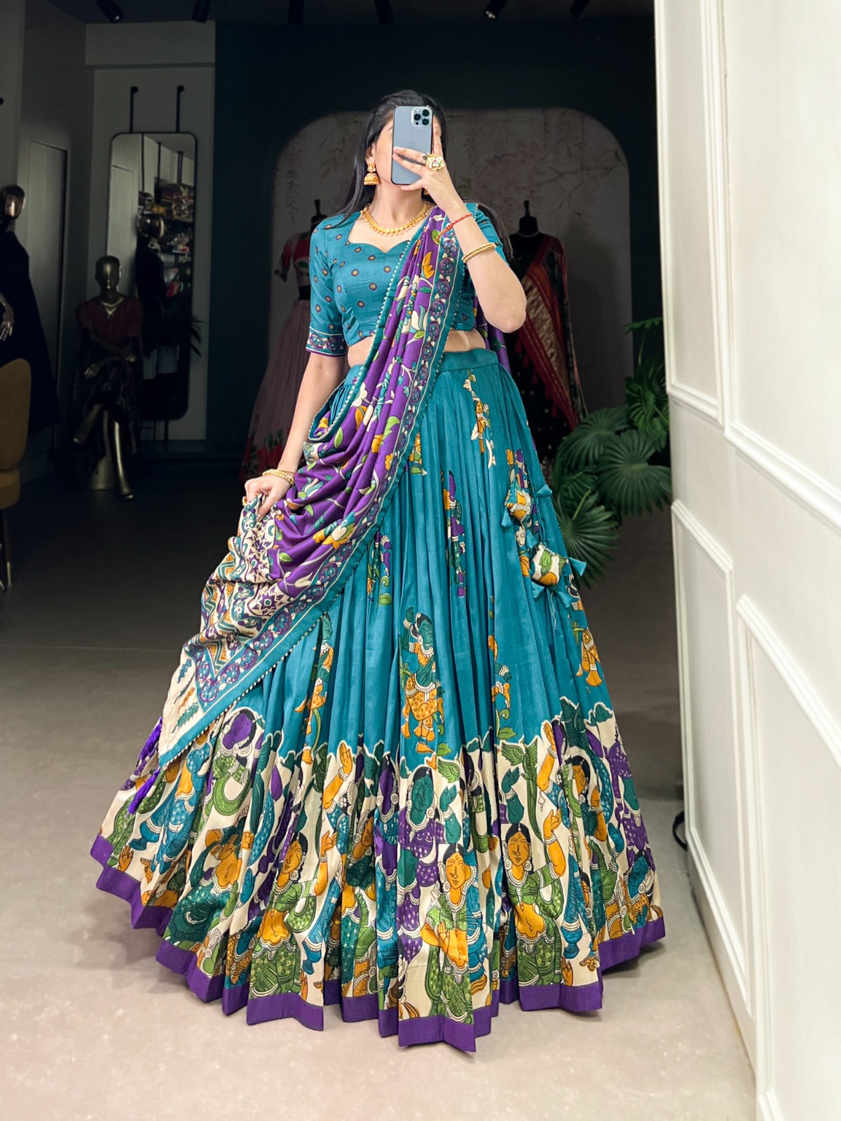 Blue Hand-Painted Lehenga Choli Set with Multicolor Dupatta
