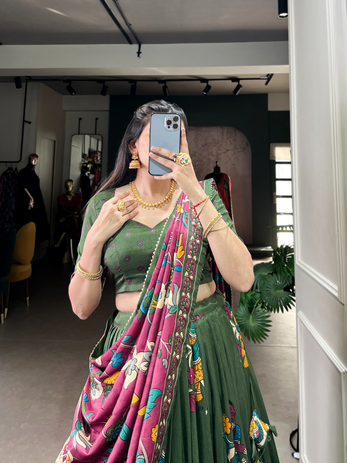 Olive Green Traditional Folk Art Lehenga Choli with Magenta Dupatta