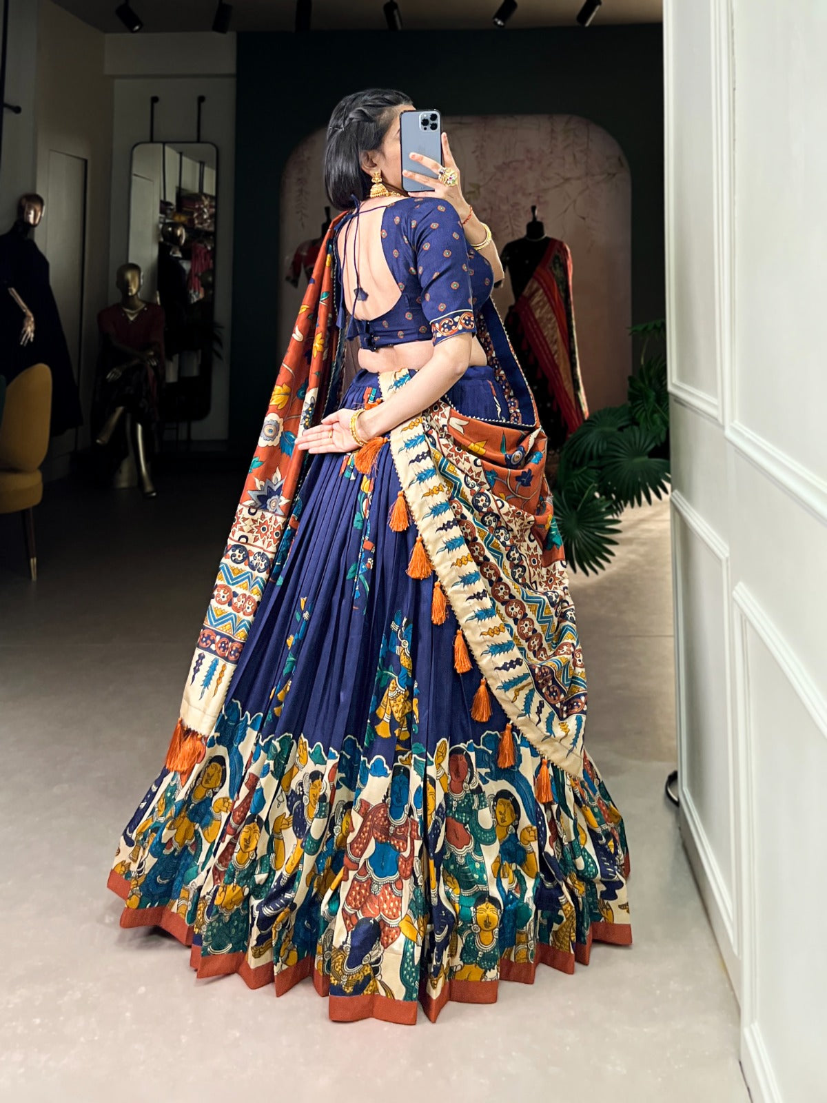 and-Painted Traditional Art Lehenga Choli Set – Navy Blue & Rust Orange