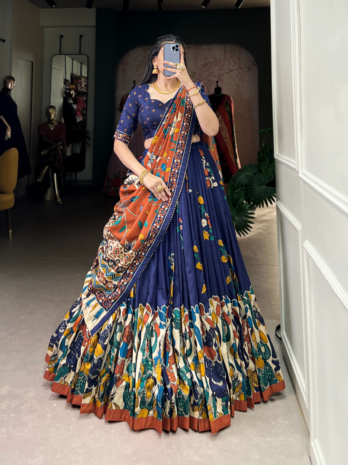 and-Painted Traditional Art Lehenga Choli Set – Navy Blue & Rust Orange