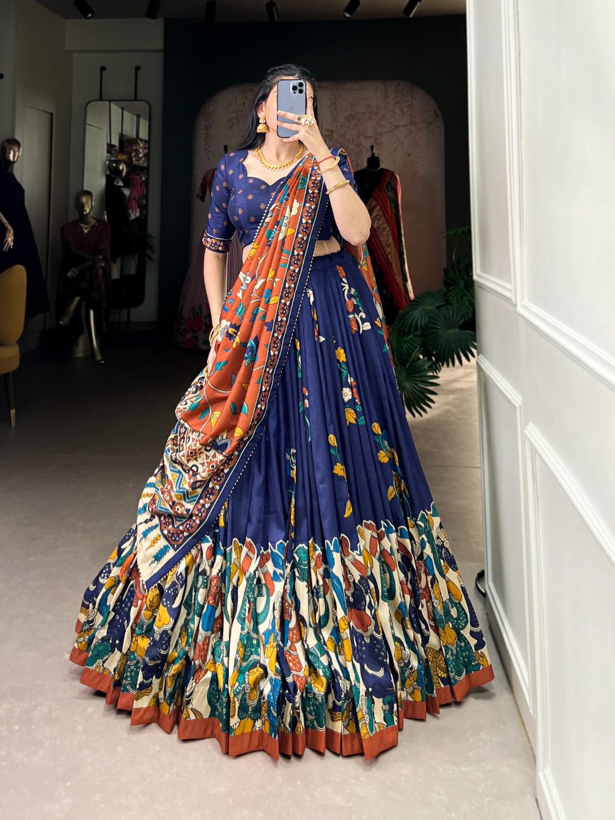 and-Painted Traditional Art Lehenga Choli Set – Navy Blue & Rust Orange
