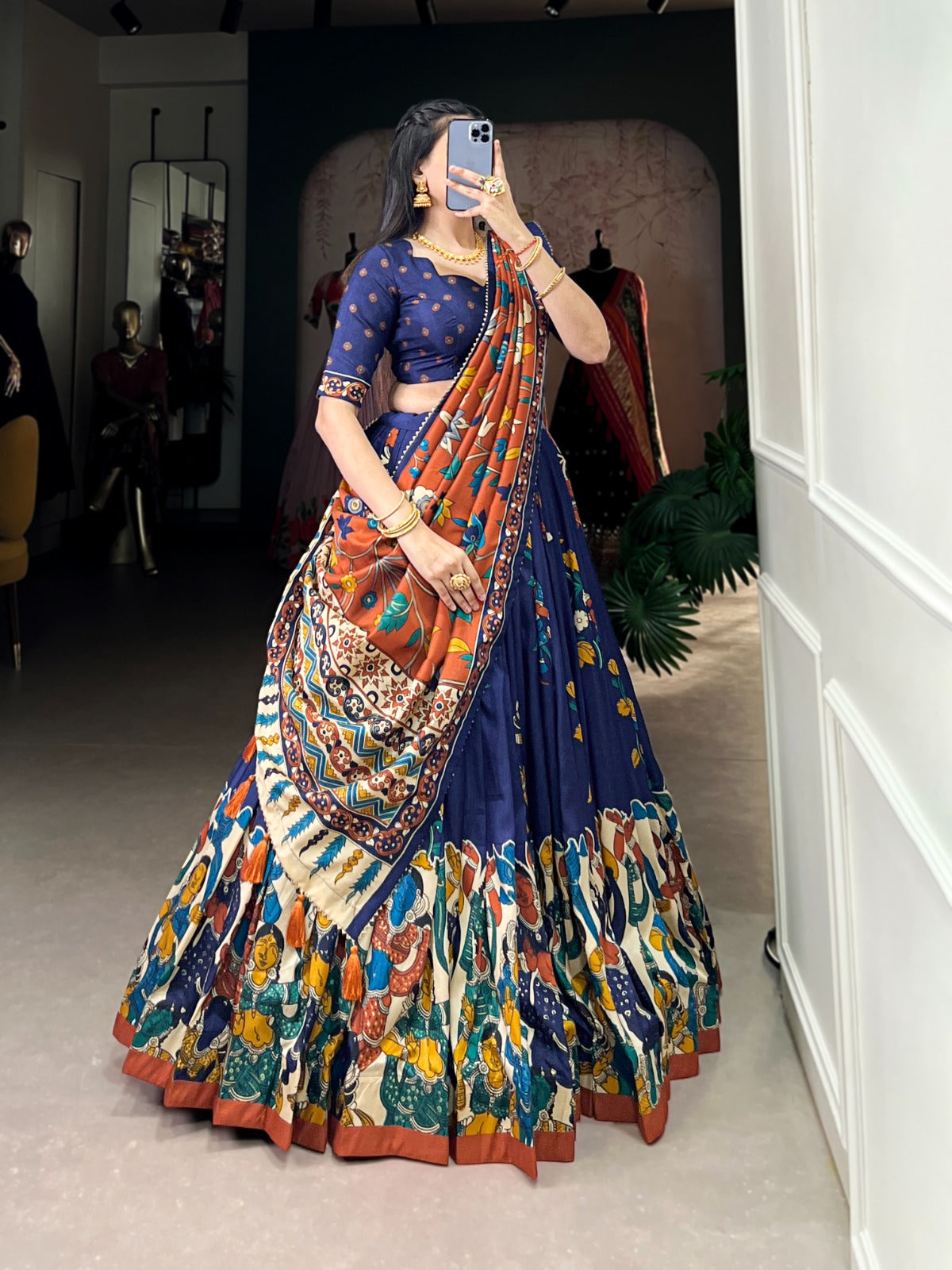 and-Painted Traditional Art Lehenga Choli Set – Navy Blue & Rust Orange
