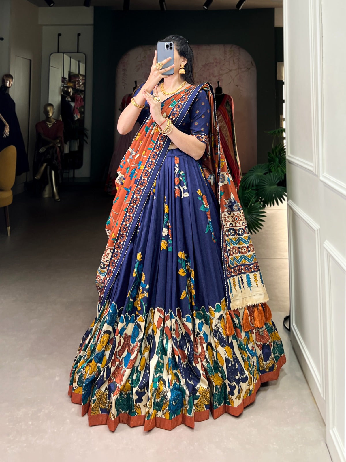 and-Painted Traditional Art Lehenga Choli Set – Navy Blue & Rust Orange