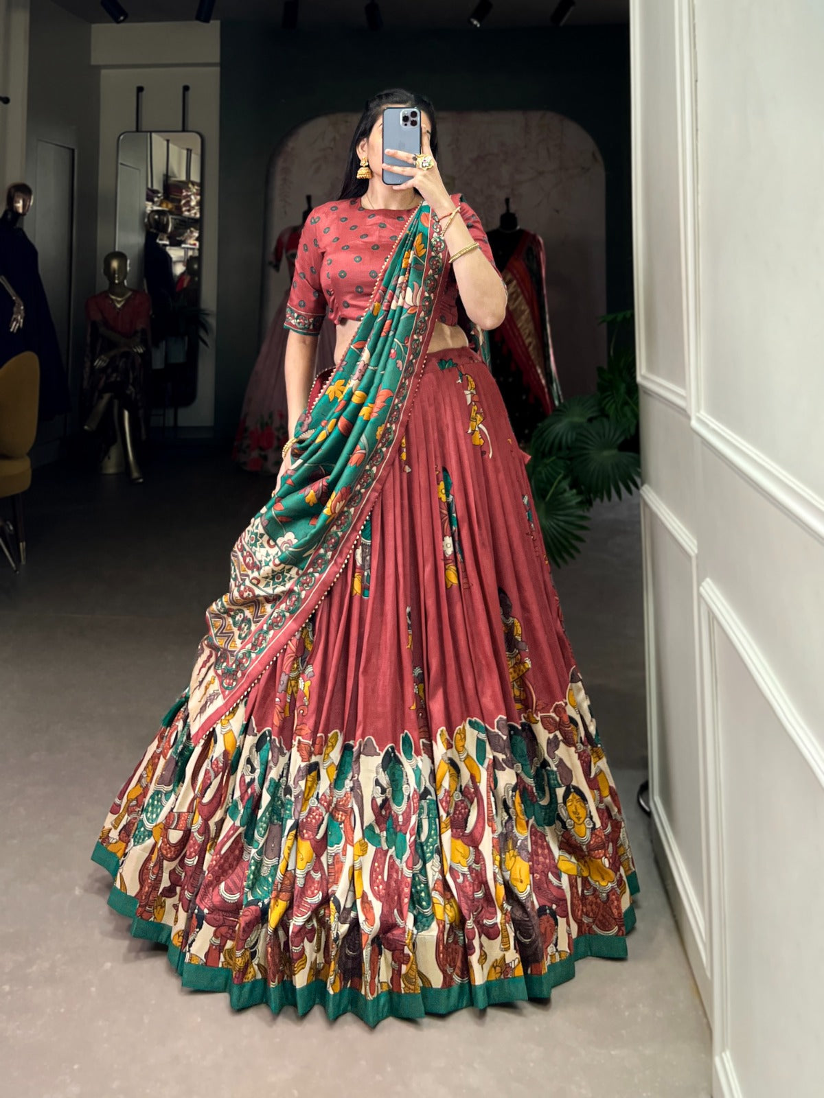 Rust Maroon Ethnic Lehenga Choli with Green Dupatta & Folk Art Border