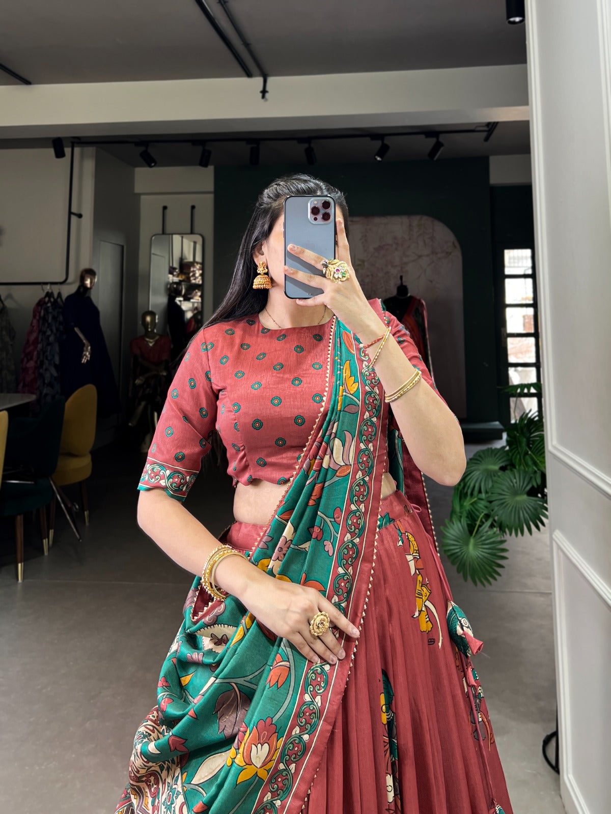 Rust Maroon Ethnic Lehenga Choli with Green Dupatta & Folk Art Border