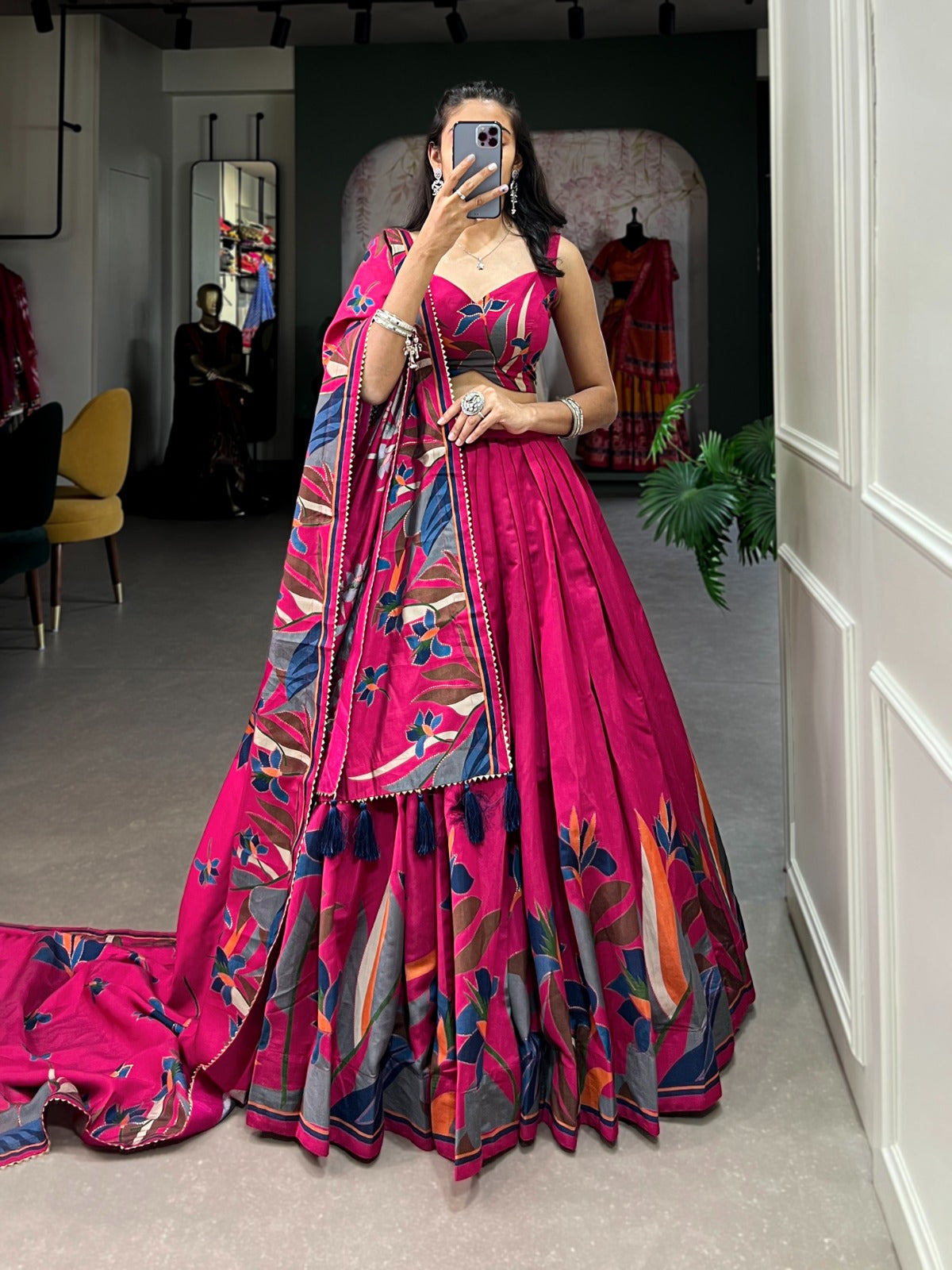 Exquisite Floral Fantasy: Tusser Silk Lehenga Choli with Intricate Print and Dupatta
