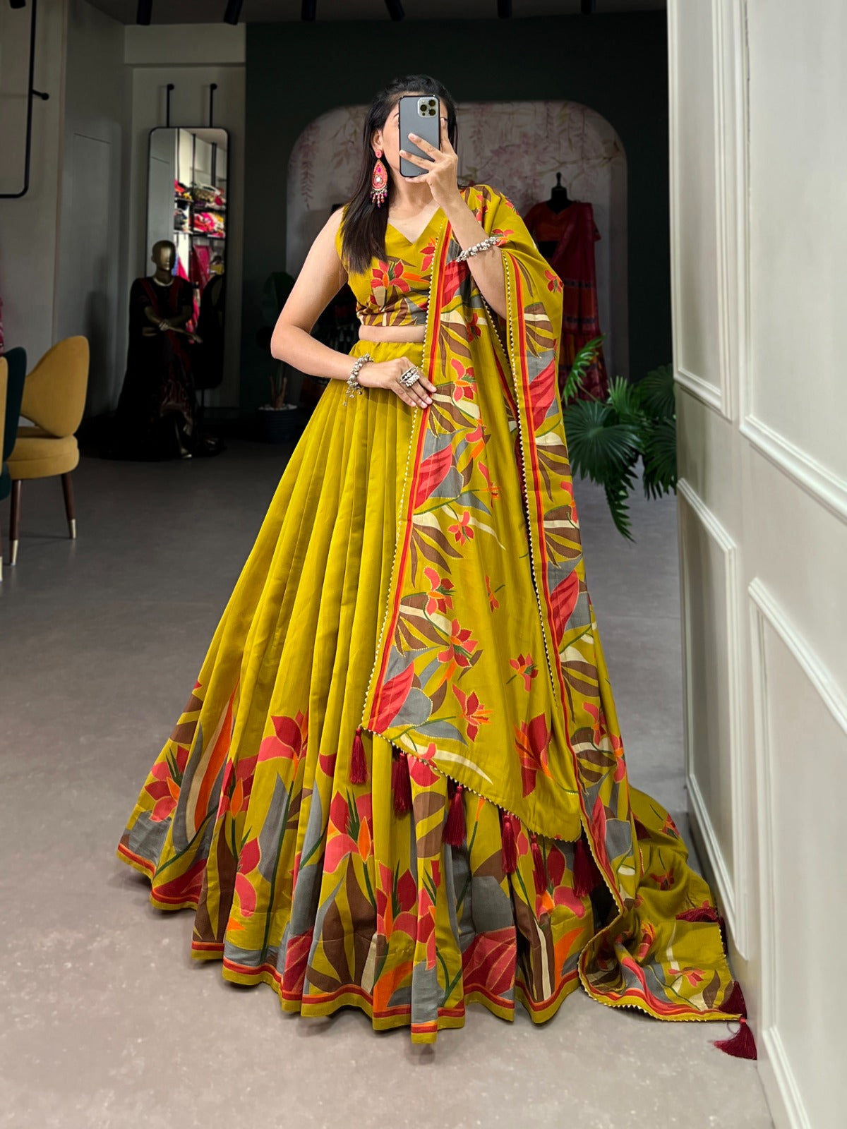 Exquisite Floral Fantasy: Tusser Silk Lehenga Choli with Intricate Print and Dupatta