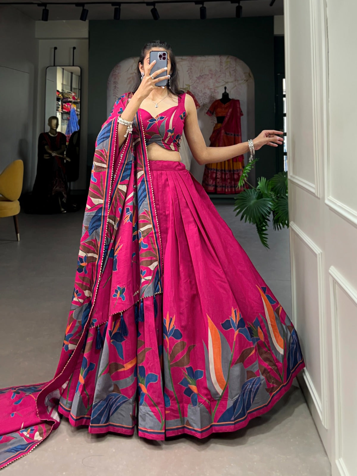 Exquisite Floral Fantasy: Tusser Silk Lehenga Choli with Intricate Print and Dupatta