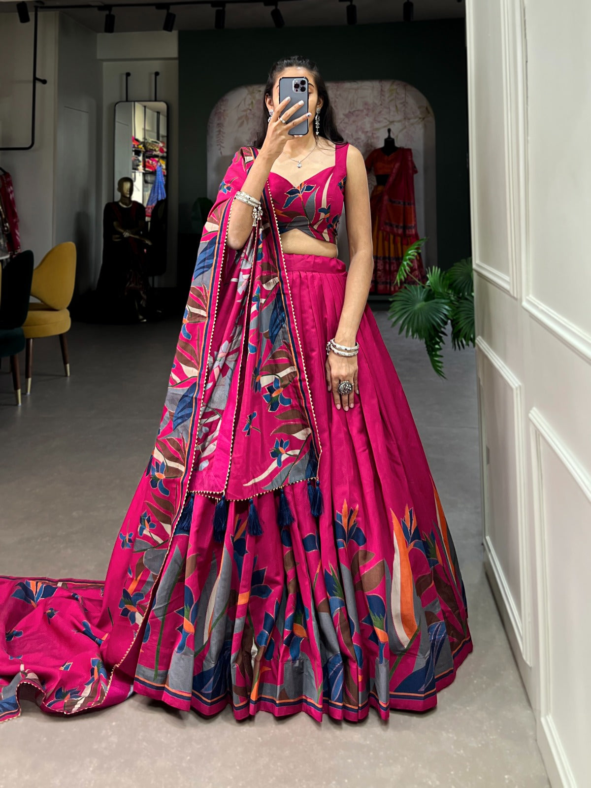 Exquisite Floral Fantasy: Tusser Silk Lehenga Choli with Intricate Print and Dupatta