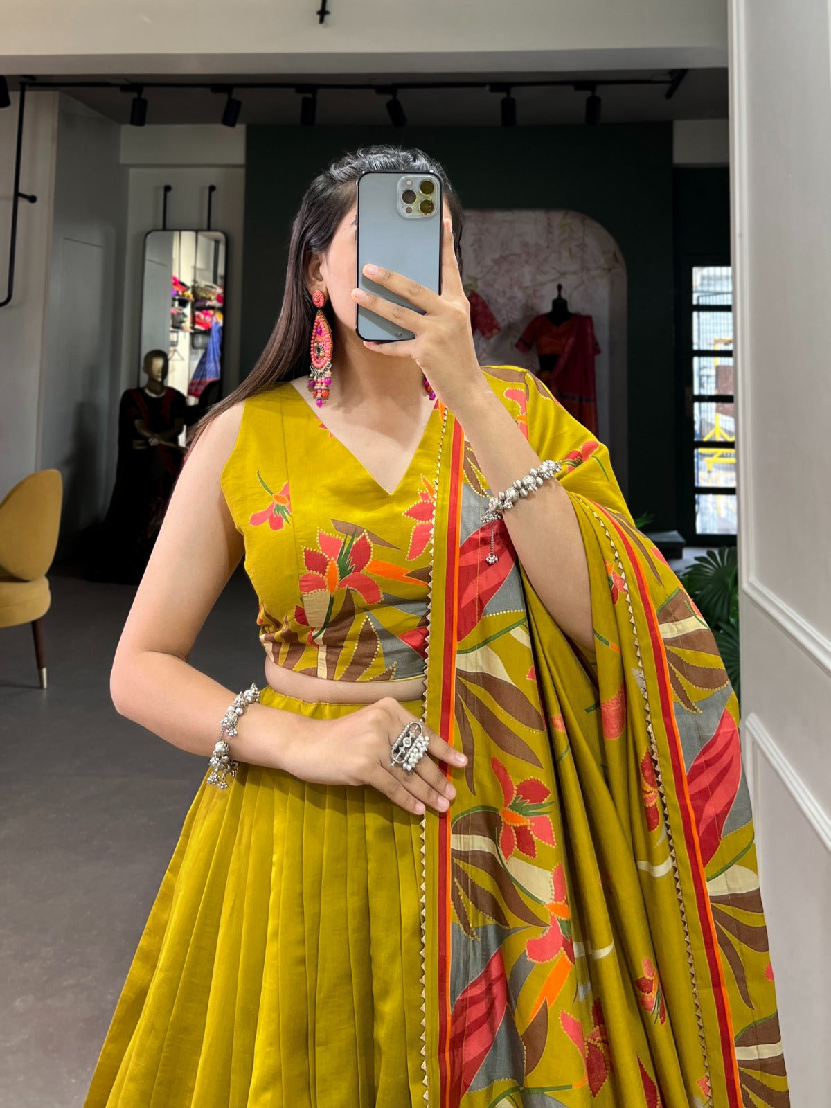 Exquisite Floral Fantasy: Tusser Silk Lehenga Choli with Intricate Print and Dupatta