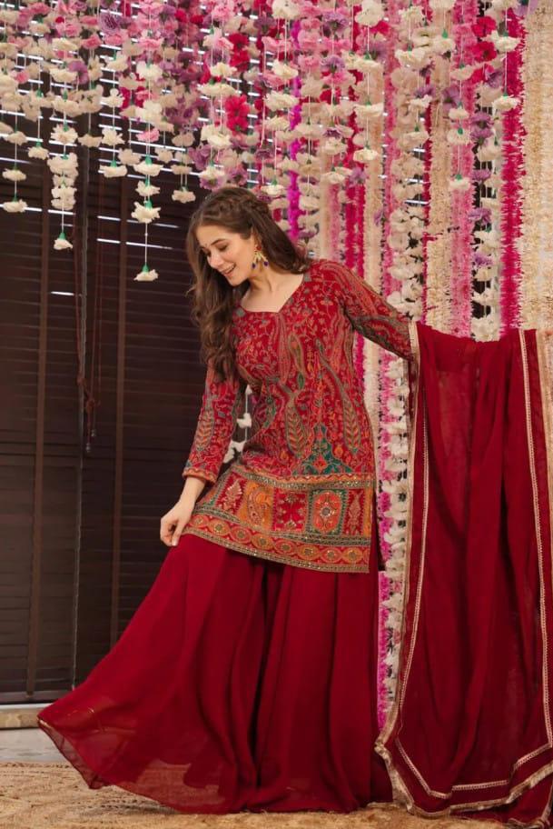 Maroon Ethnic Sharara Suit Set with Multicolor Embroidery – Festive & Wedding Wear for Women