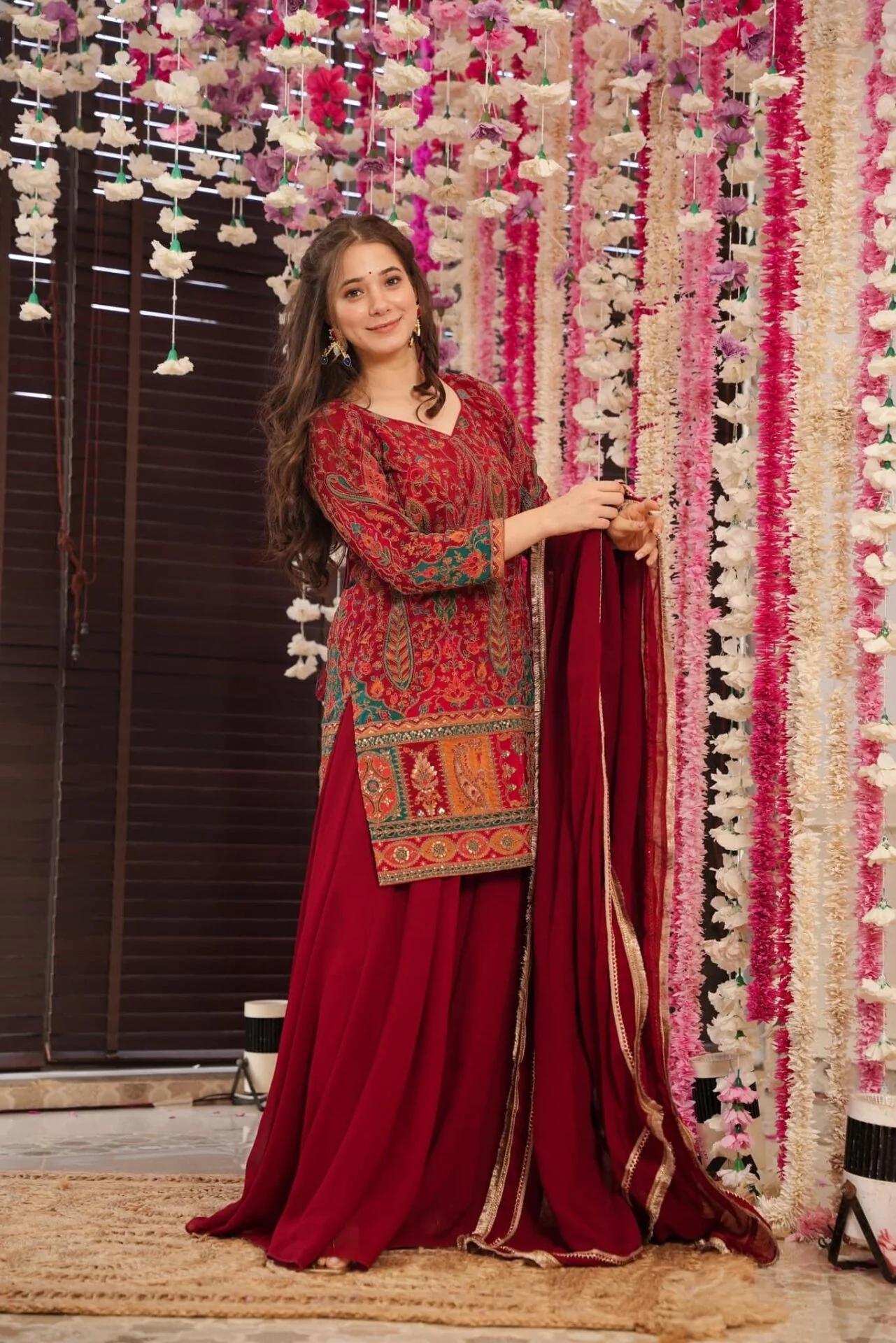 Maroon Ethnic Sharara Suit Set with Multicolor Embroidery – Festive & Wedding Wear for Women