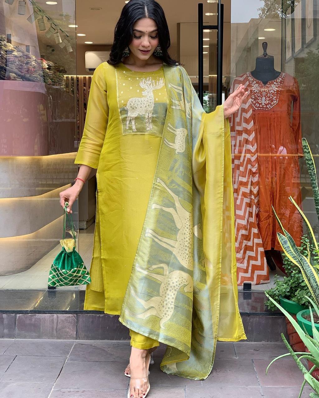Designer Olive Green Silk Kurta Set with Printed Dupatta – Festive & Ethnic Wear for Women