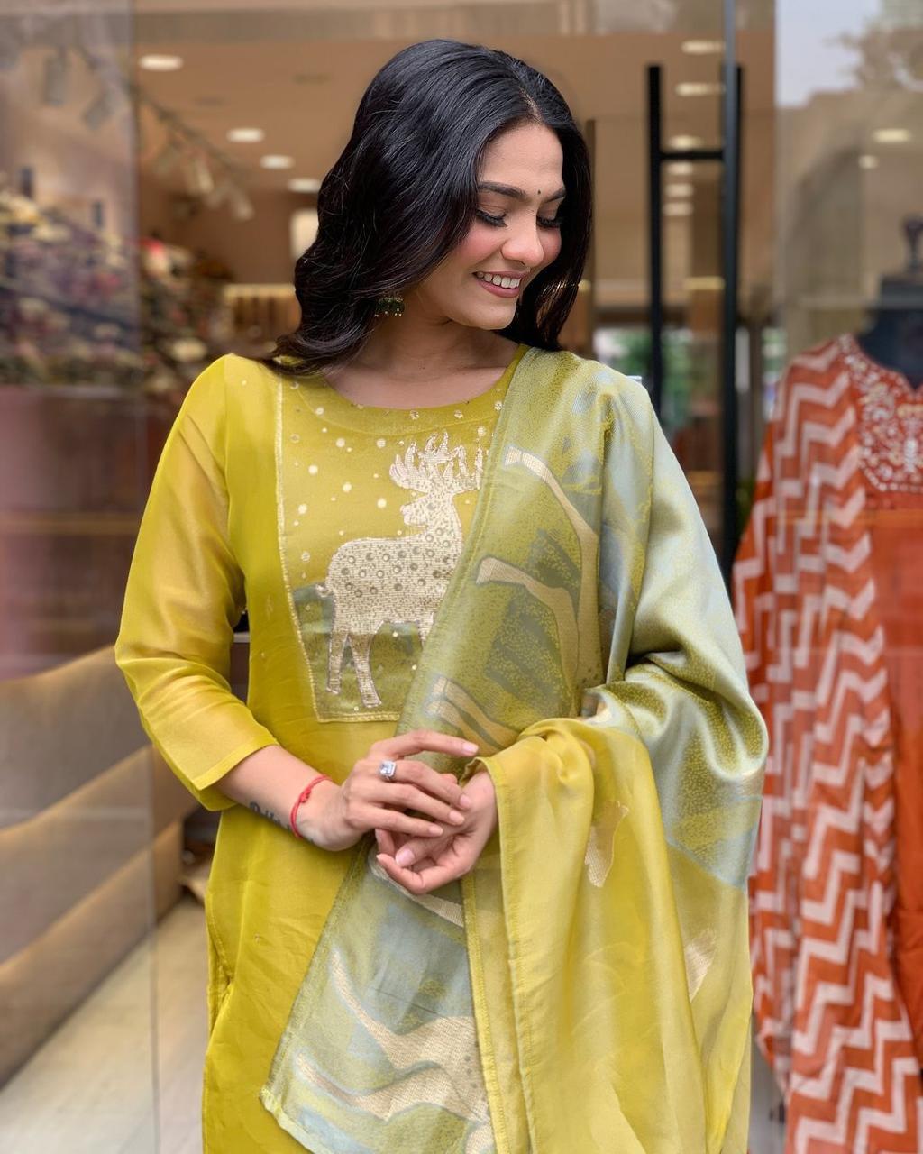 Designer Olive Green Silk Kurta Set with Printed Dupatta – Festive & Ethnic Wear for Women