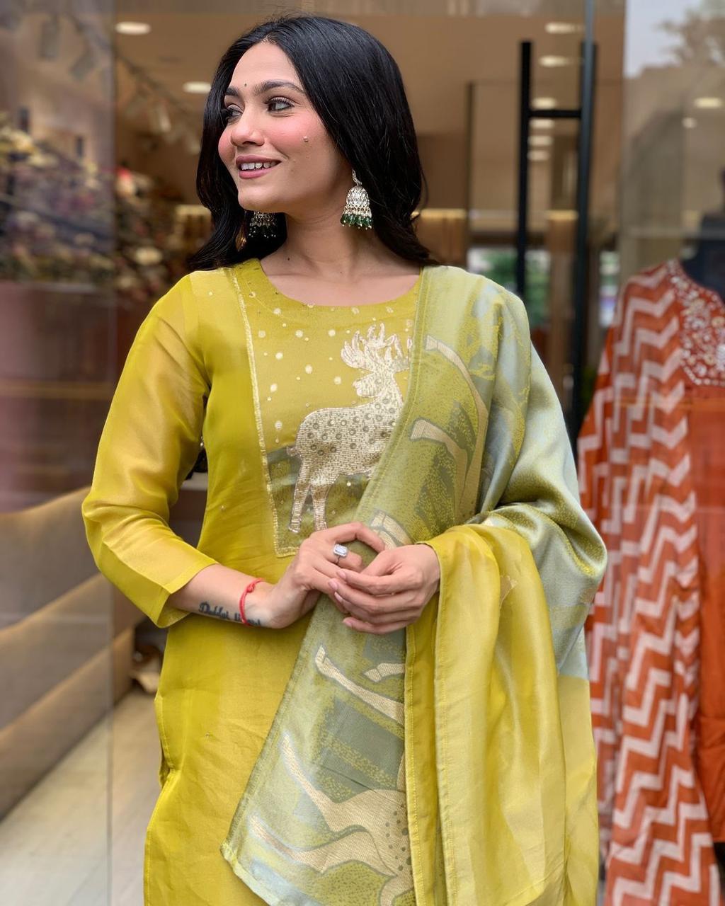 Designer Olive Green Silk Kurta Set with Printed Dupatta – Festive & Ethnic Wear for Women