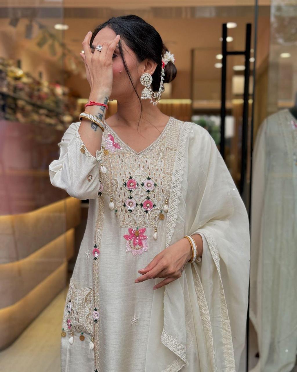 Elegant Off-White Embroidered Kurta Set with Dupatta – Premium Festive Wear for Women