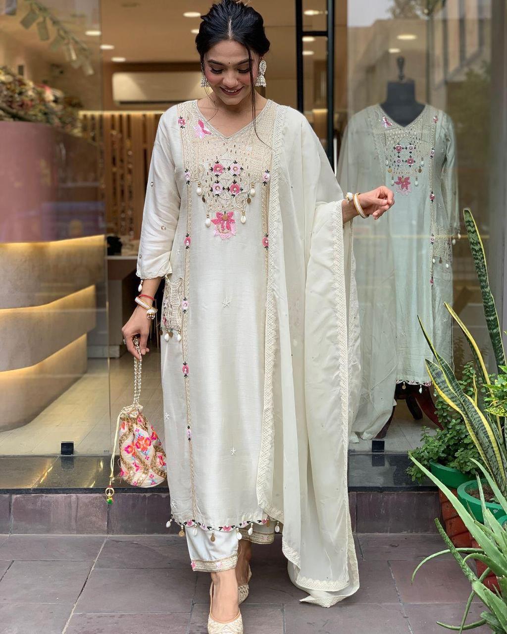 Elegant Off-White Embroidered Kurta Set with Dupatta – Premium Festive Wear for Women