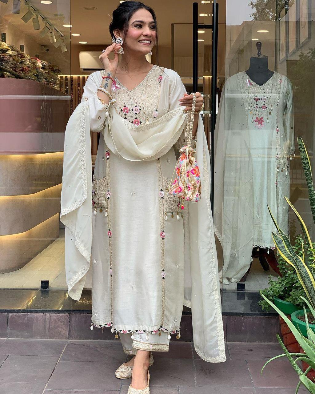 Elegant Off-White Embroidered Kurta Set with Dupatta – Premium Festive Wear for Women