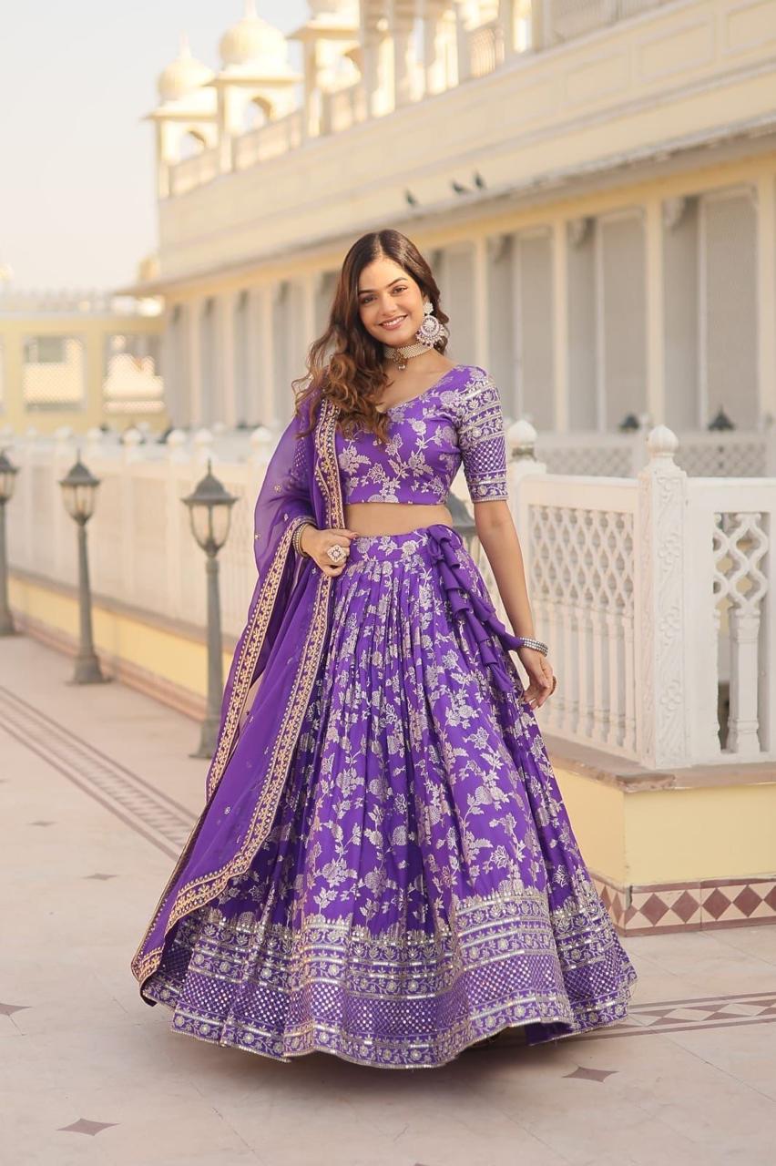 Lehenga with Silver Foil Print and Net Dupatta