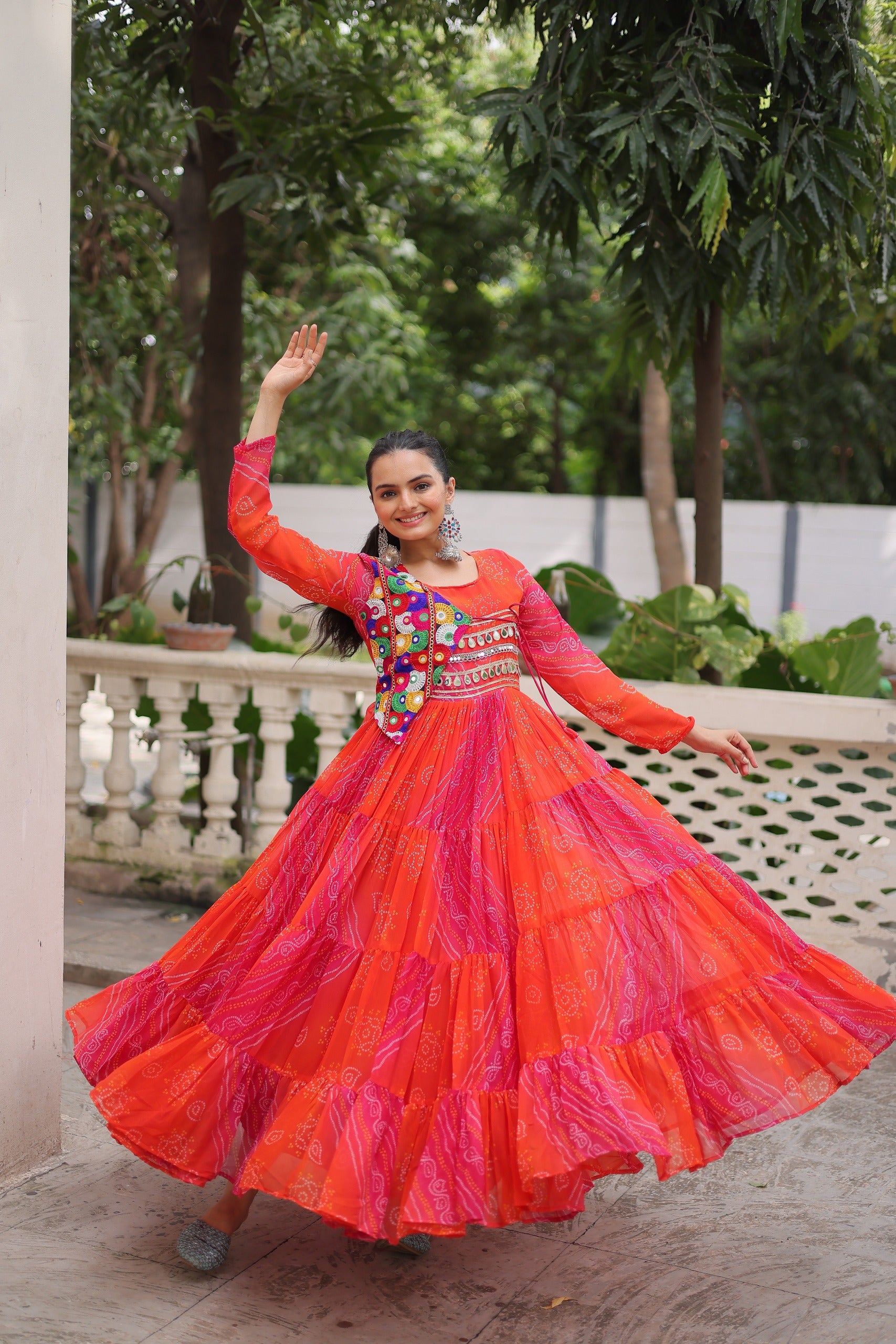 Vibrant Bandhani Flared Dress with Embellished Jacket