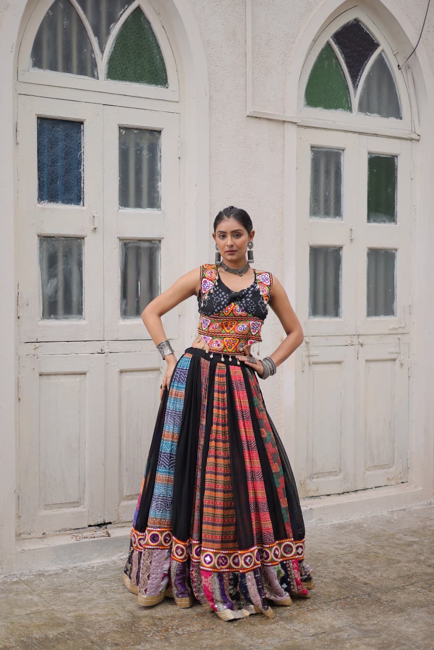 Black & Multi-Color Navratri Ghagra Choli with Embroidery and Traditional Patchwork  Description: