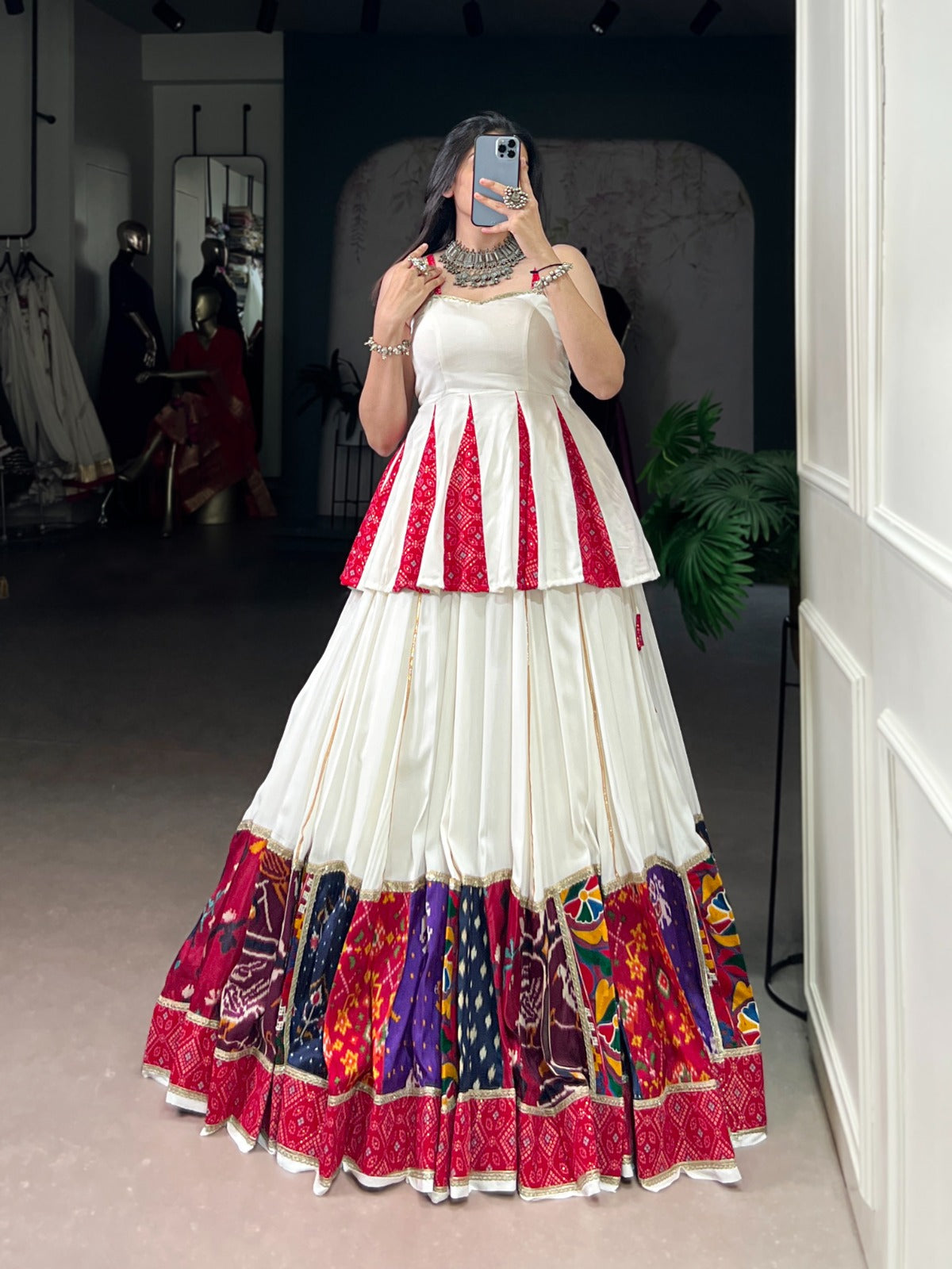 Elegant White & Red Patola Print Lehenga Set