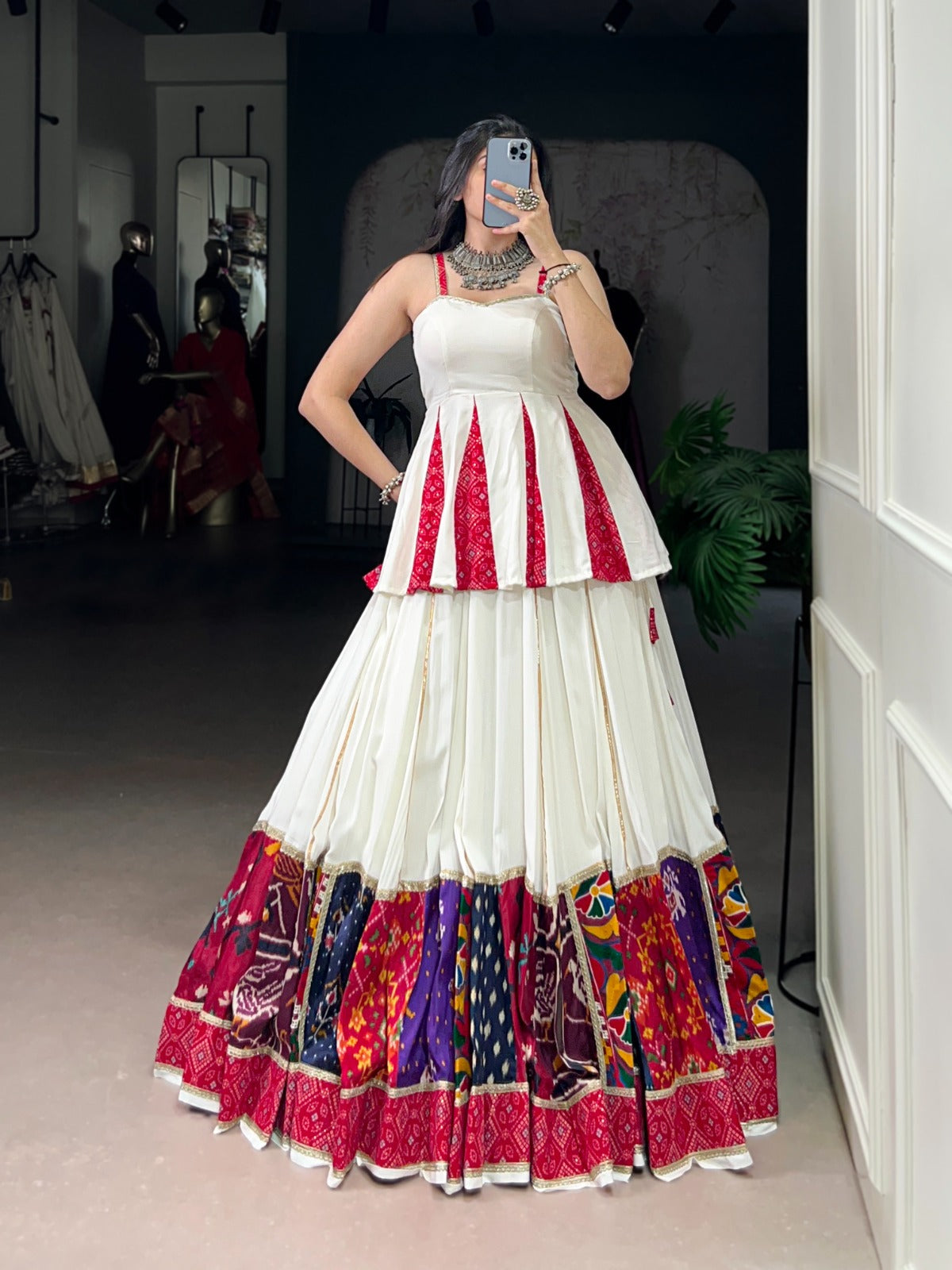 Elegant White & Red Patola Print Lehenga Set