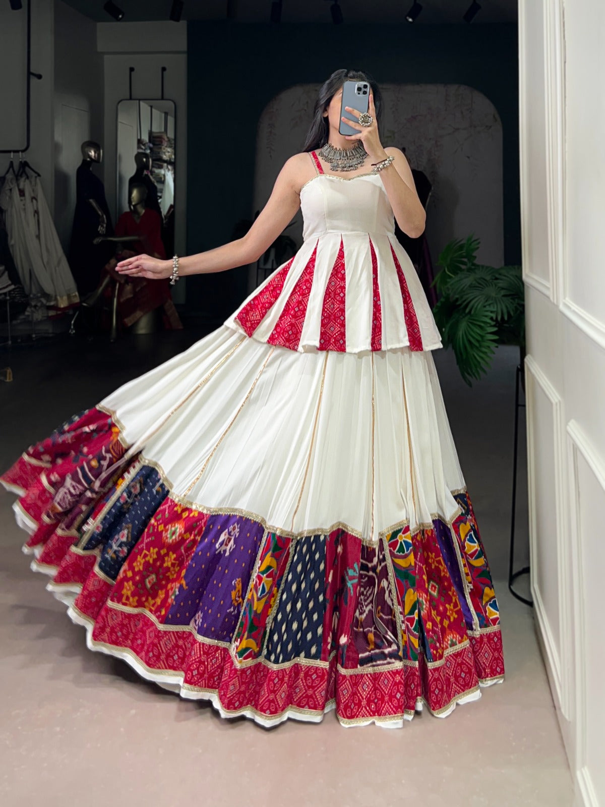 Elegant White & Red Patola Print Lehenga Set