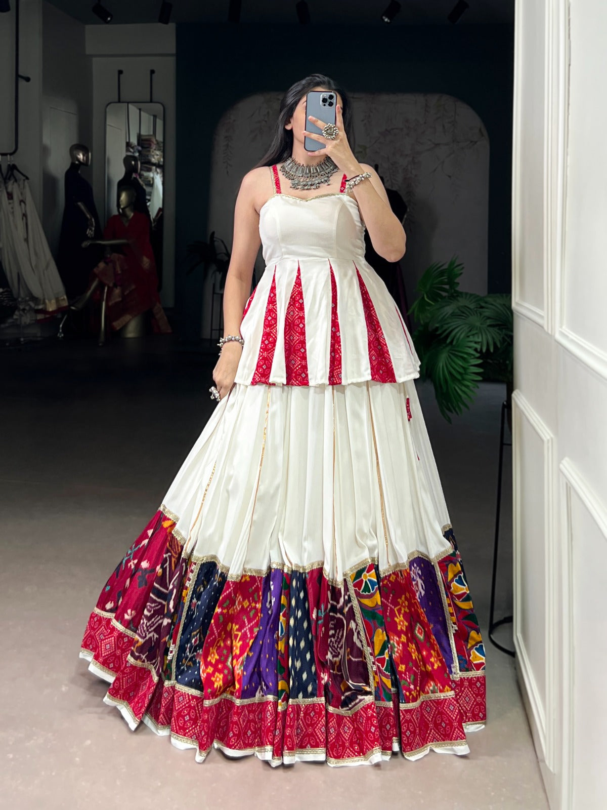 Elegant White & Red Patola Print Lehenga Set