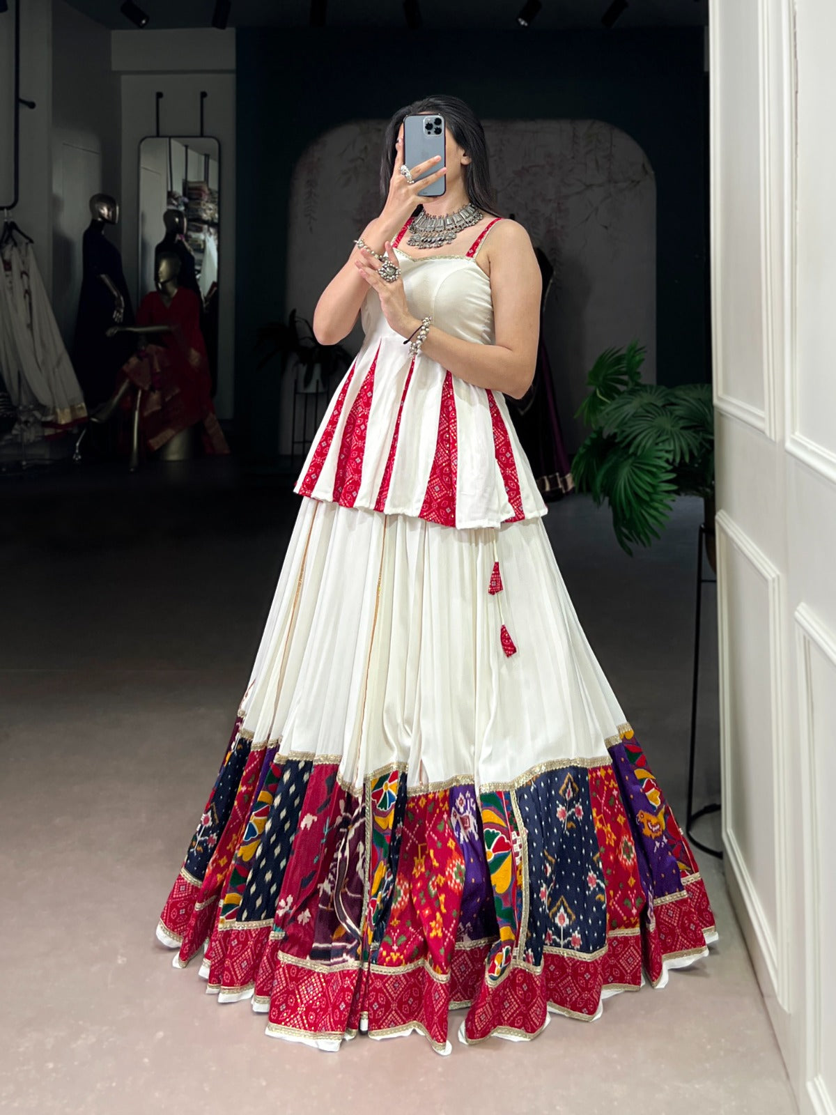 Elegant White & Red Patola Print Lehenga Set